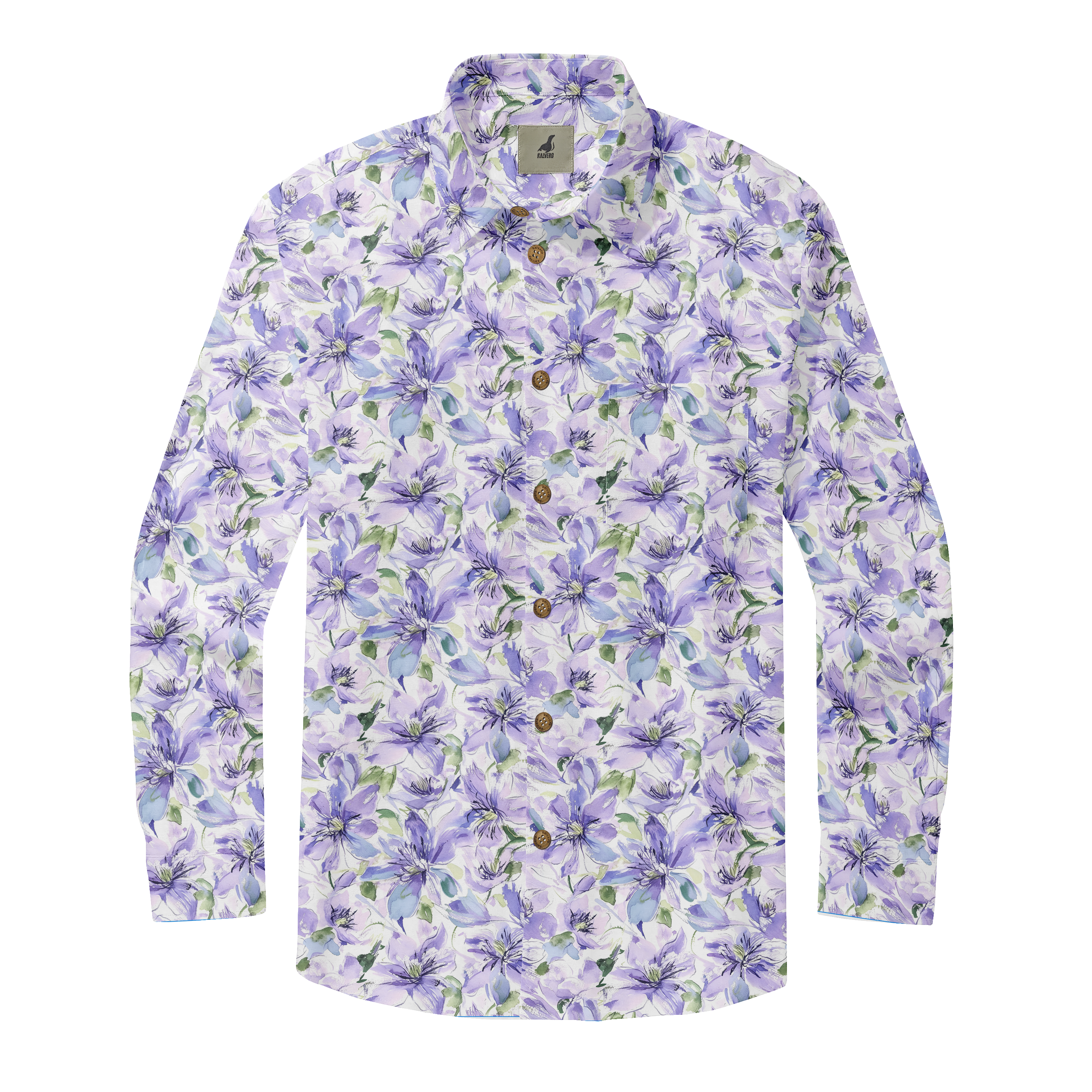 Long-sleeve floral shirt with purple and blue flowers on white.