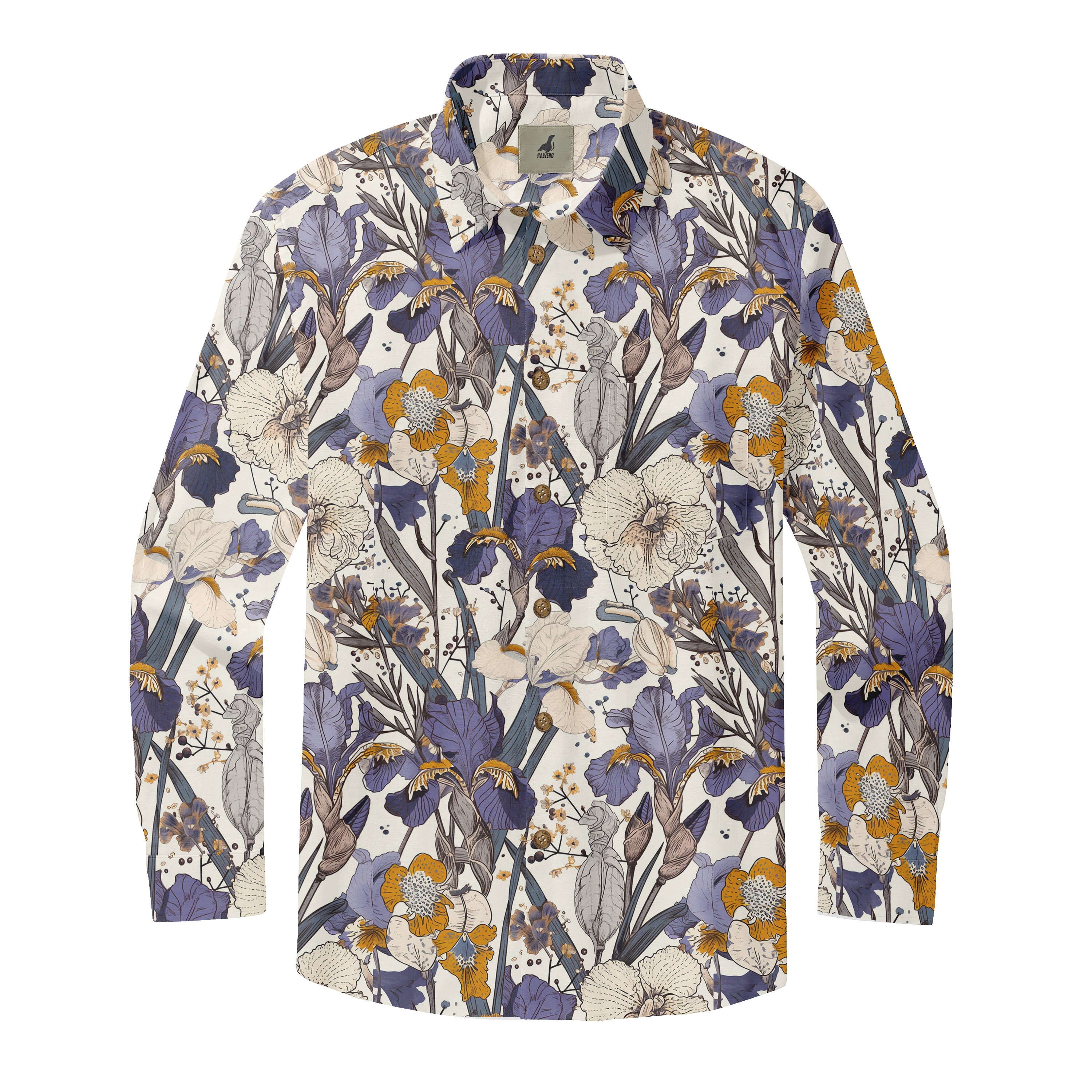 White shirt with blue, white, and yellow floral pattern.