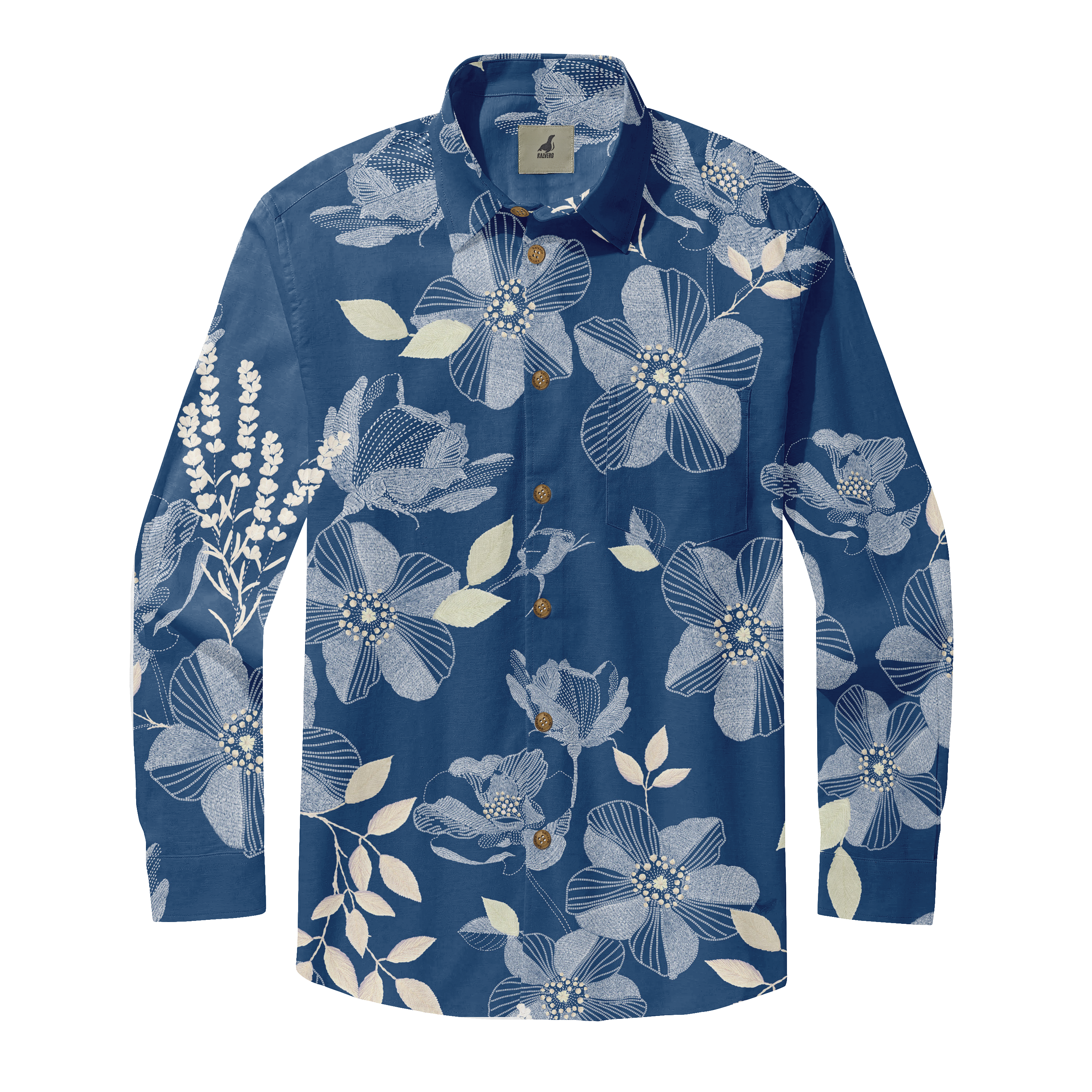 Blue floral long-sleeve shirt with white and light blue patterns.