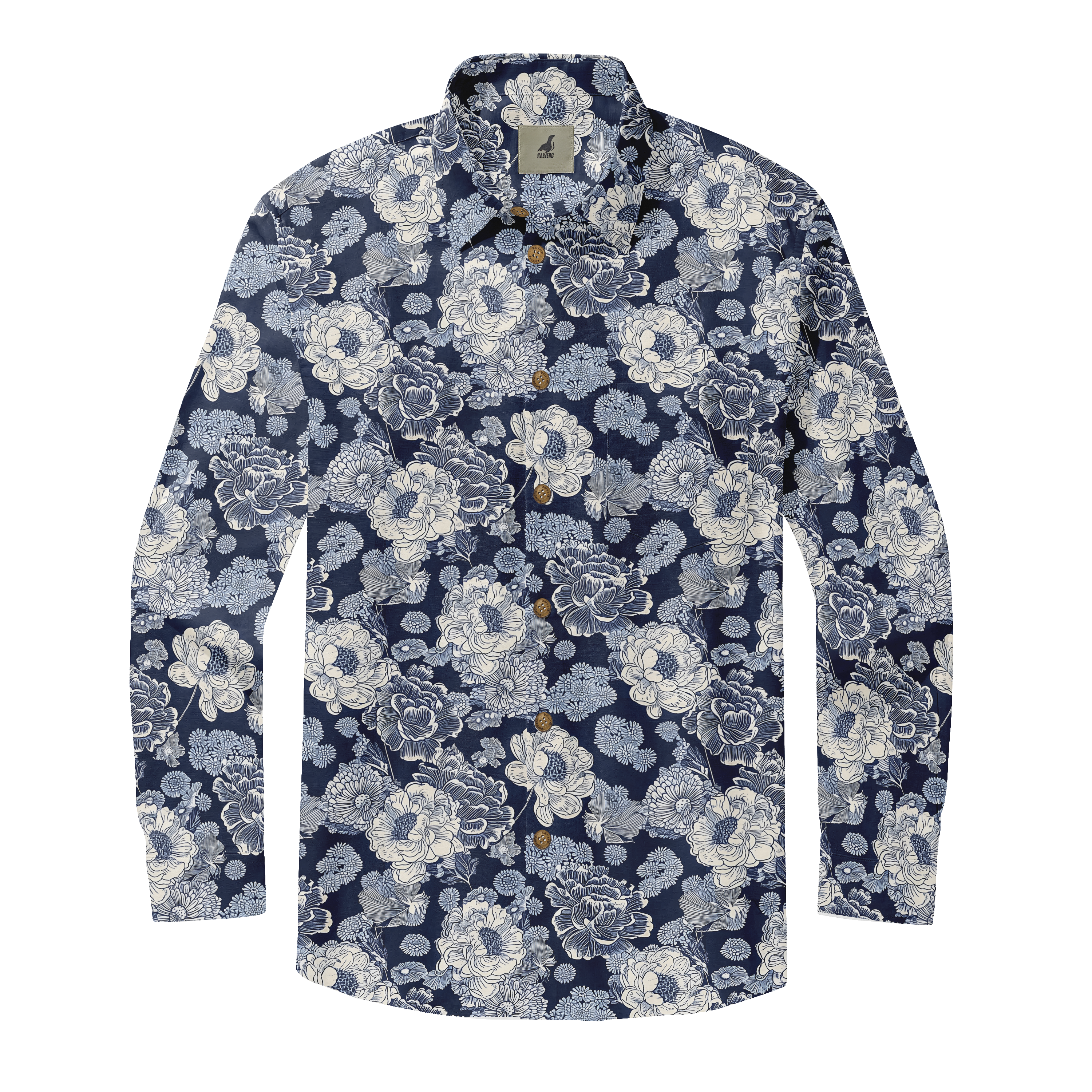 Navy blue shirt with white floral pattern and brown buttons.