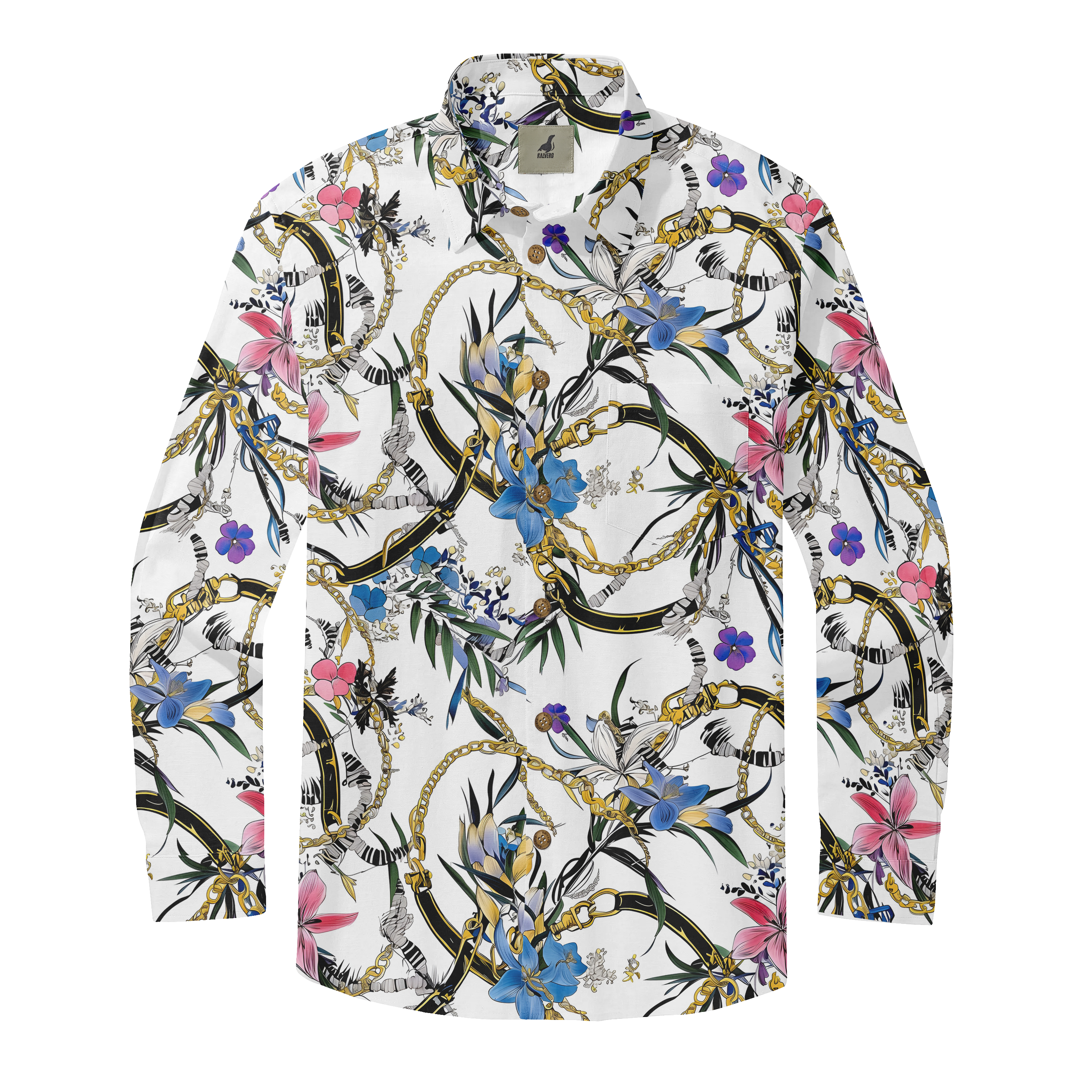 White long-sleeve shirt with vibrant floral and chain pattern.