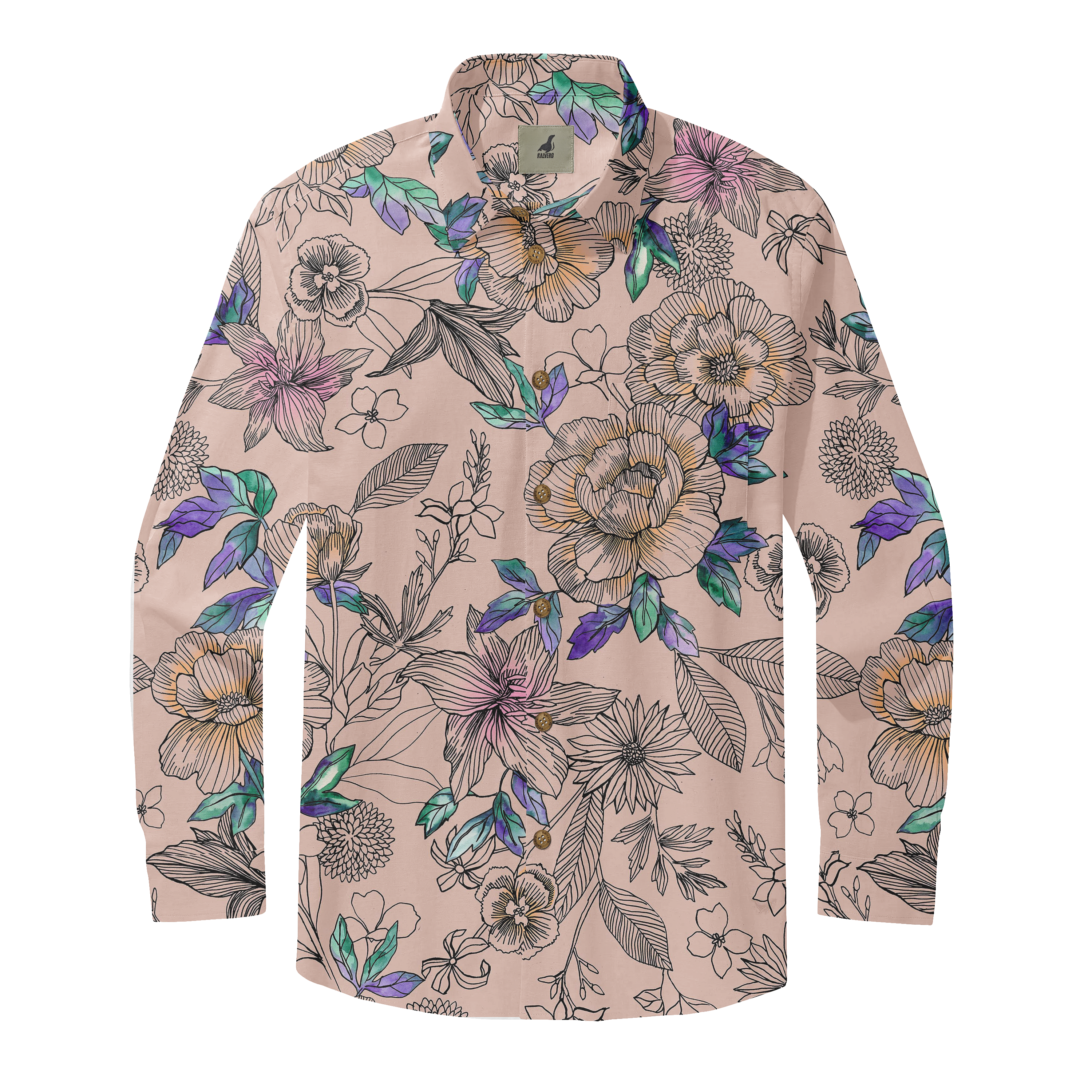 Beige floral shirt with colorful flowers and leaves design.