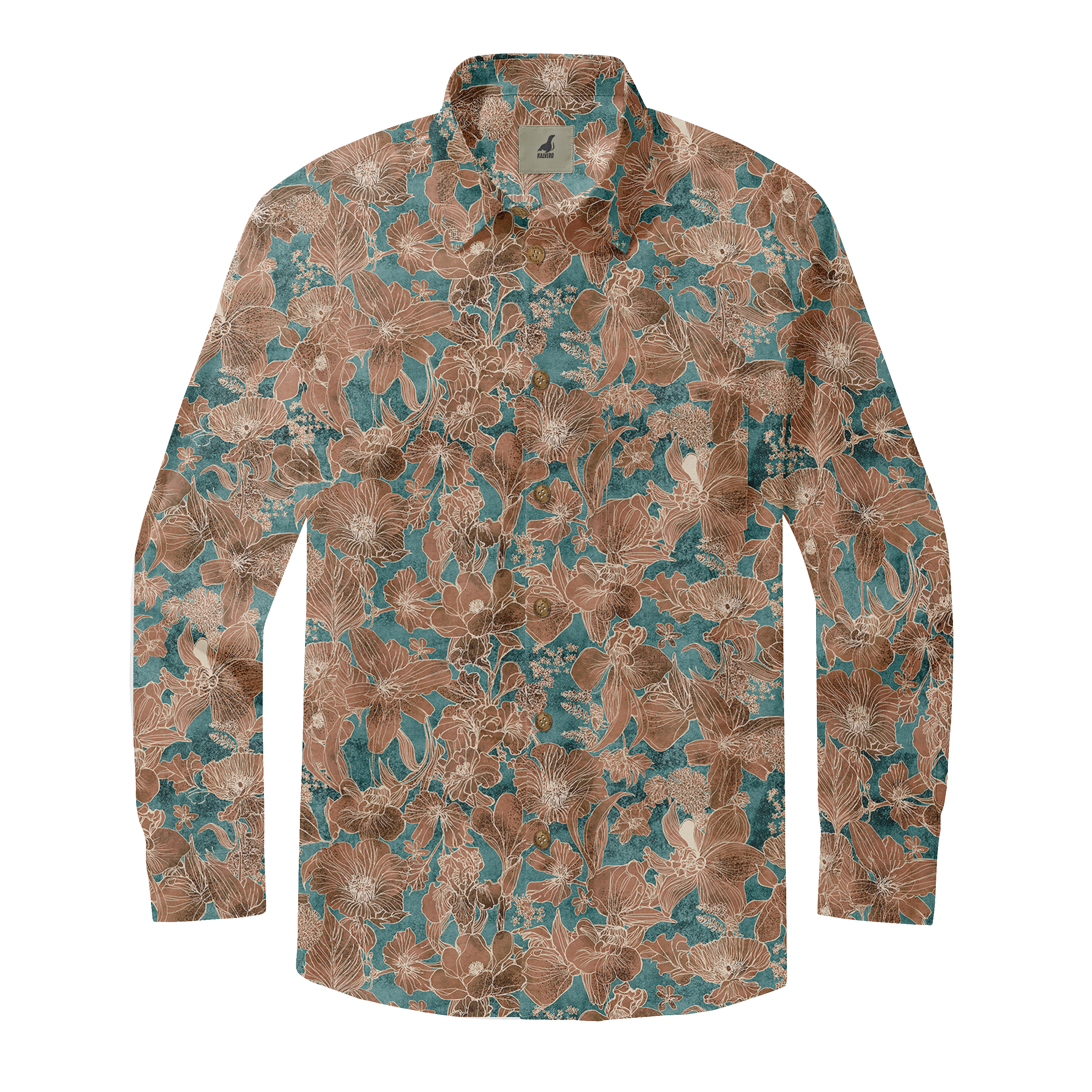 Brown floral pattern on teal background shirt.