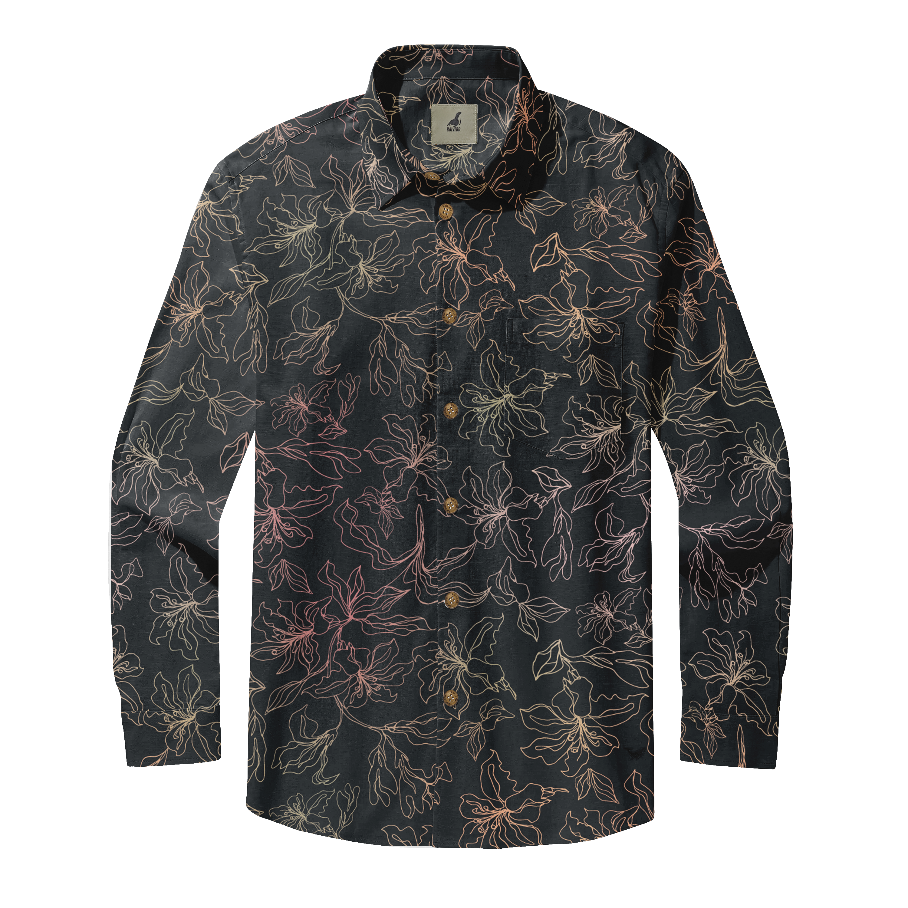 Black long-sleeve shirt with floral outline pattern in pink and gold.