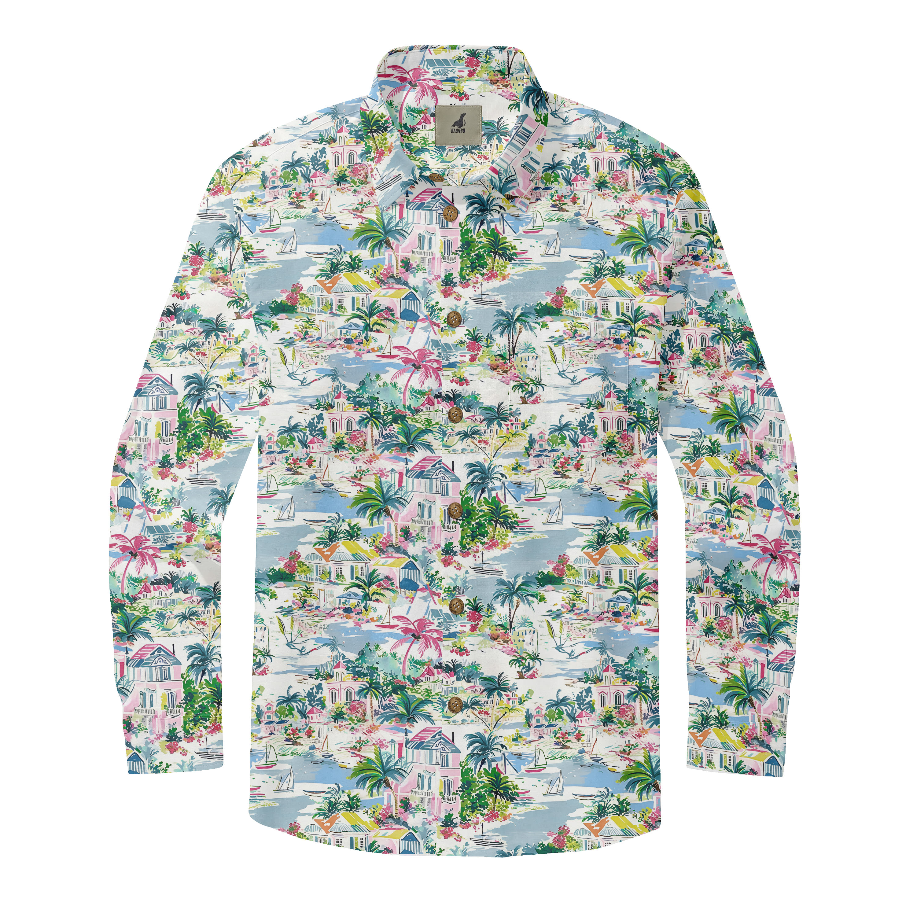 Colorful tropical print shirt with houses, palm trees, and boats.