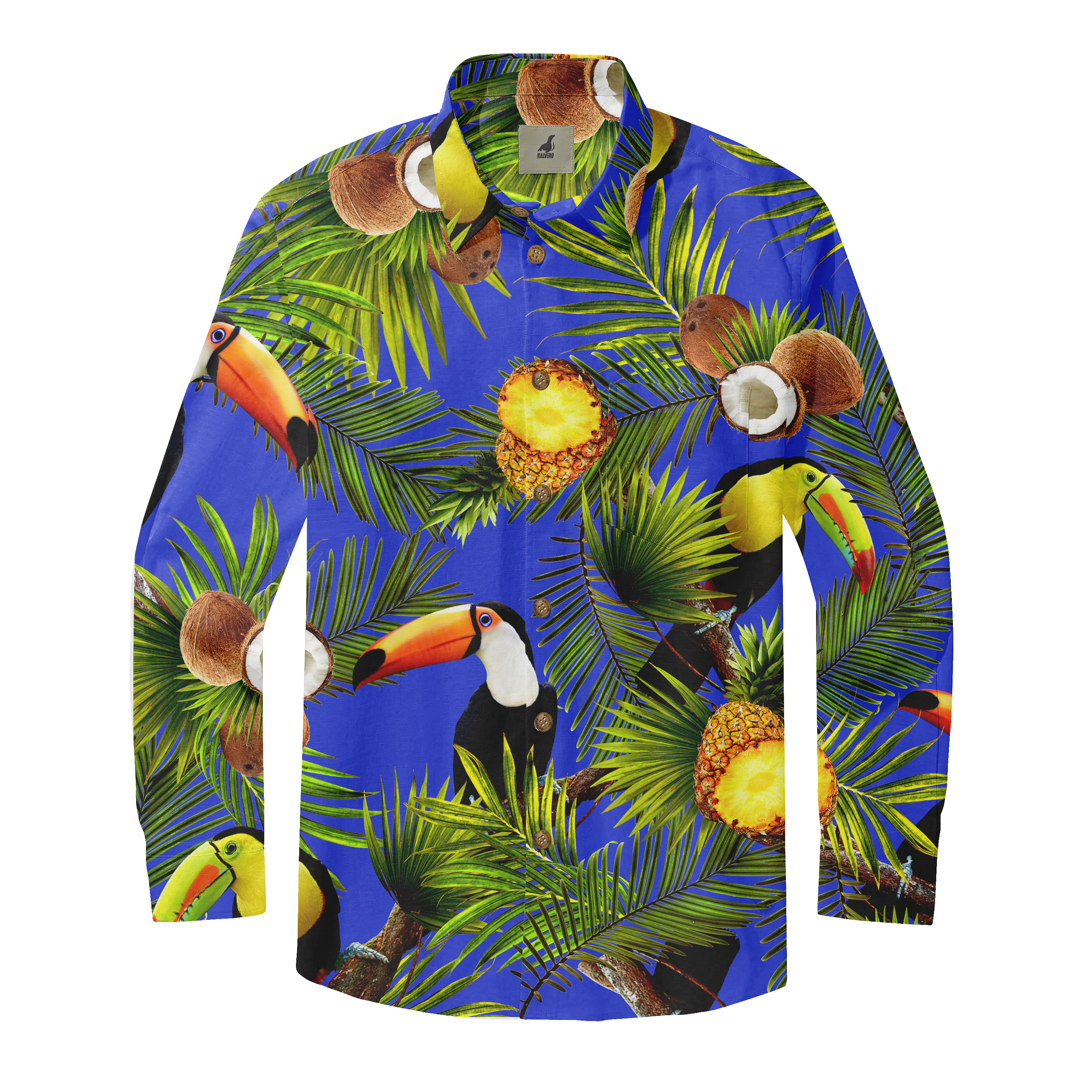 Vibrant blue shirt with tropical toucans, coconuts, pineapples.