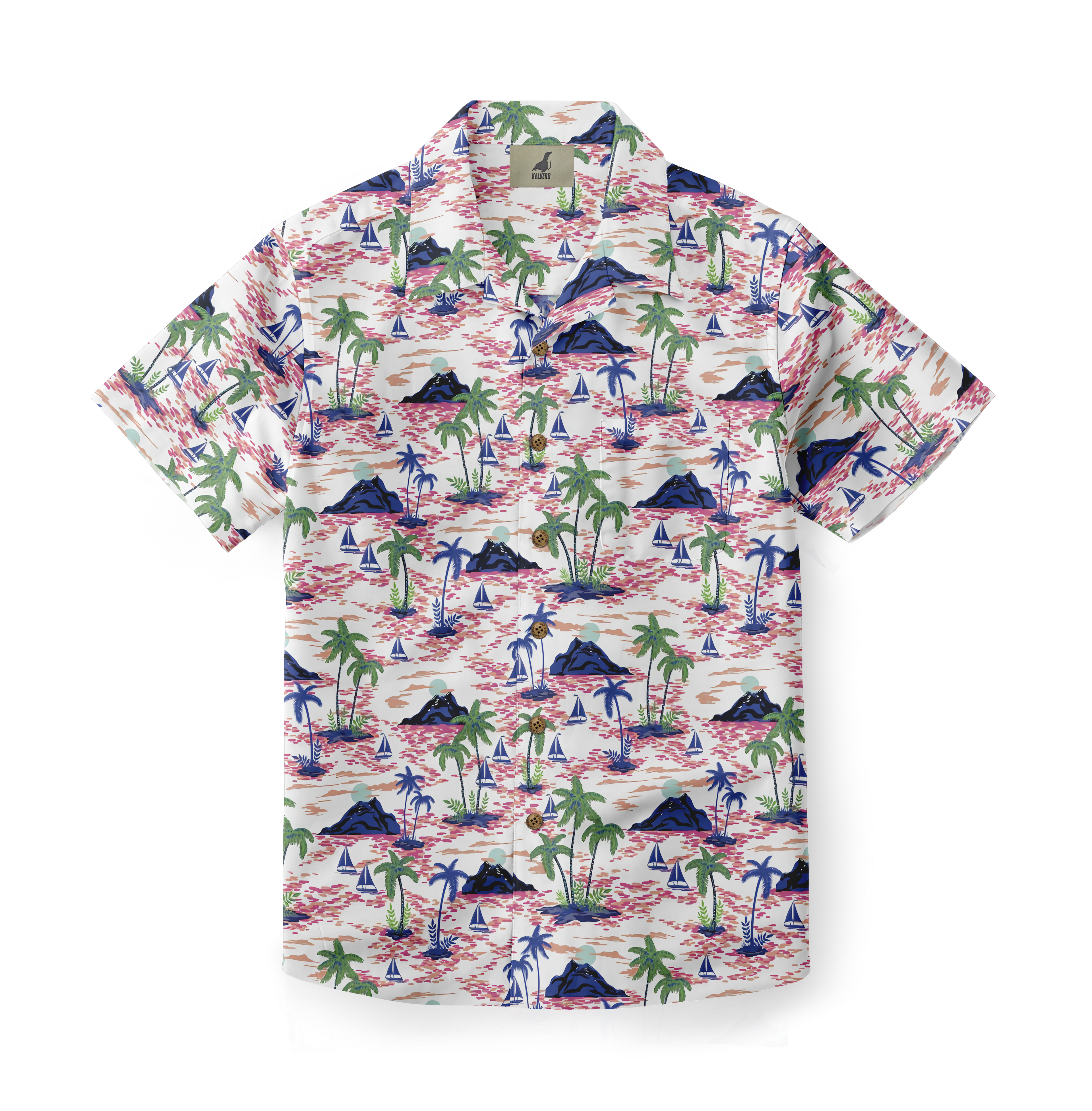 White shirt with palm trees, sailboats, and mountains pattern.
