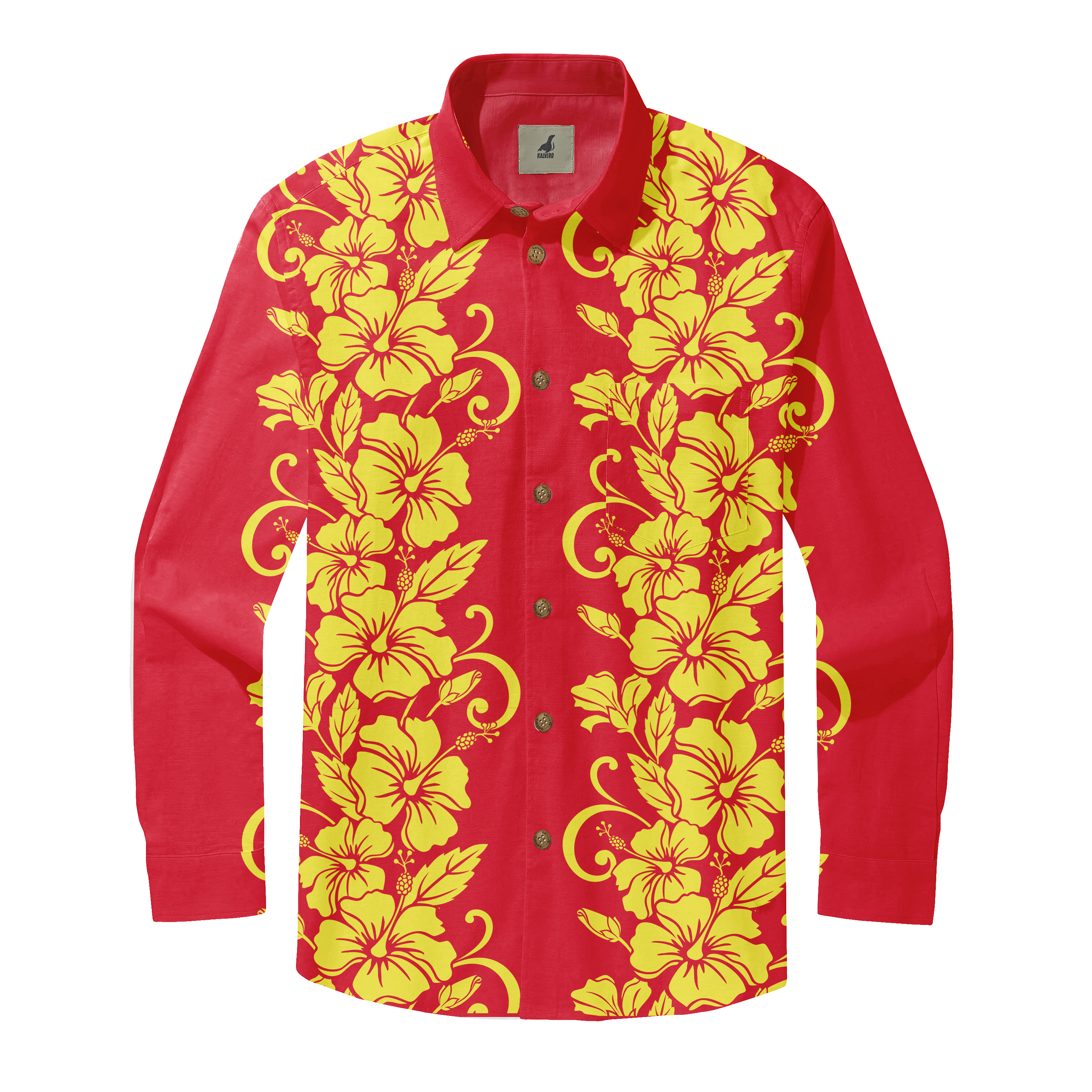 Red long-sleeve shirt with yellow floral pattern and button-down.