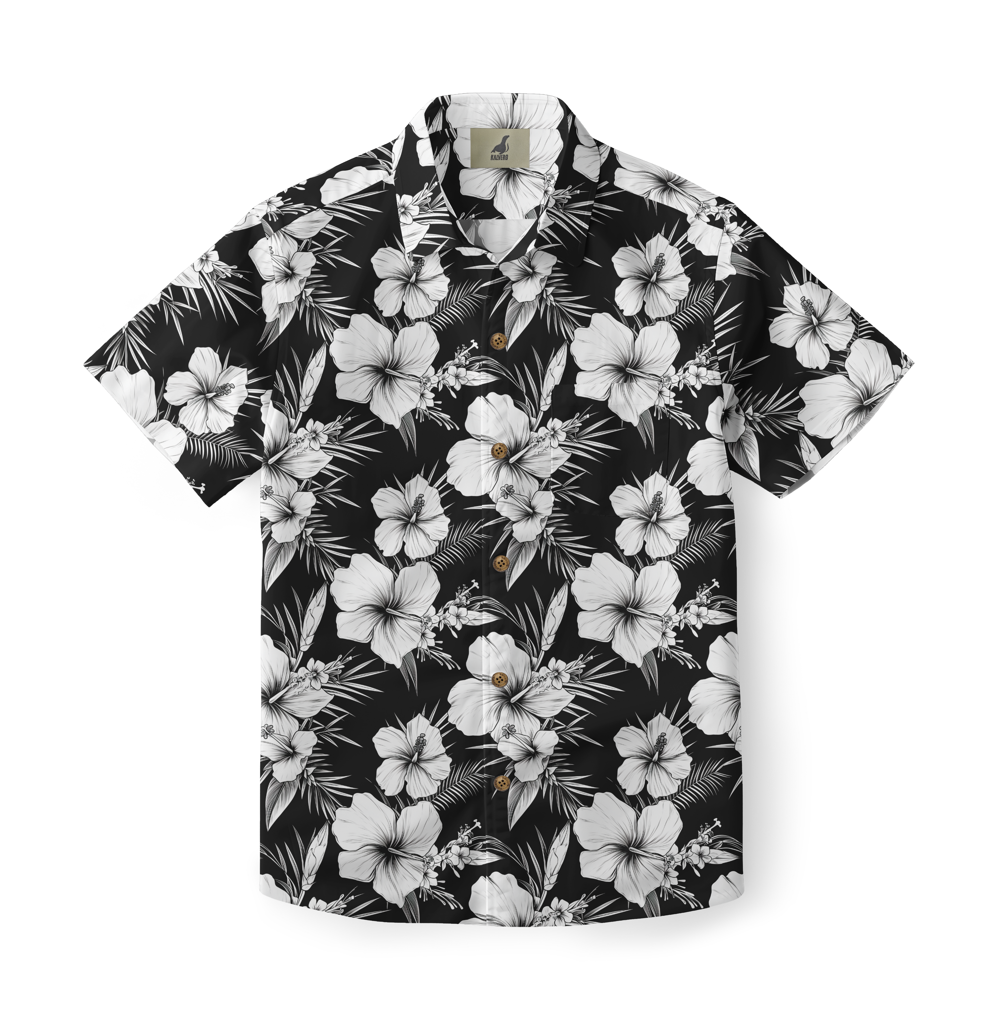 Black and white floral Hawaiian shirt with hibiscus pattern.