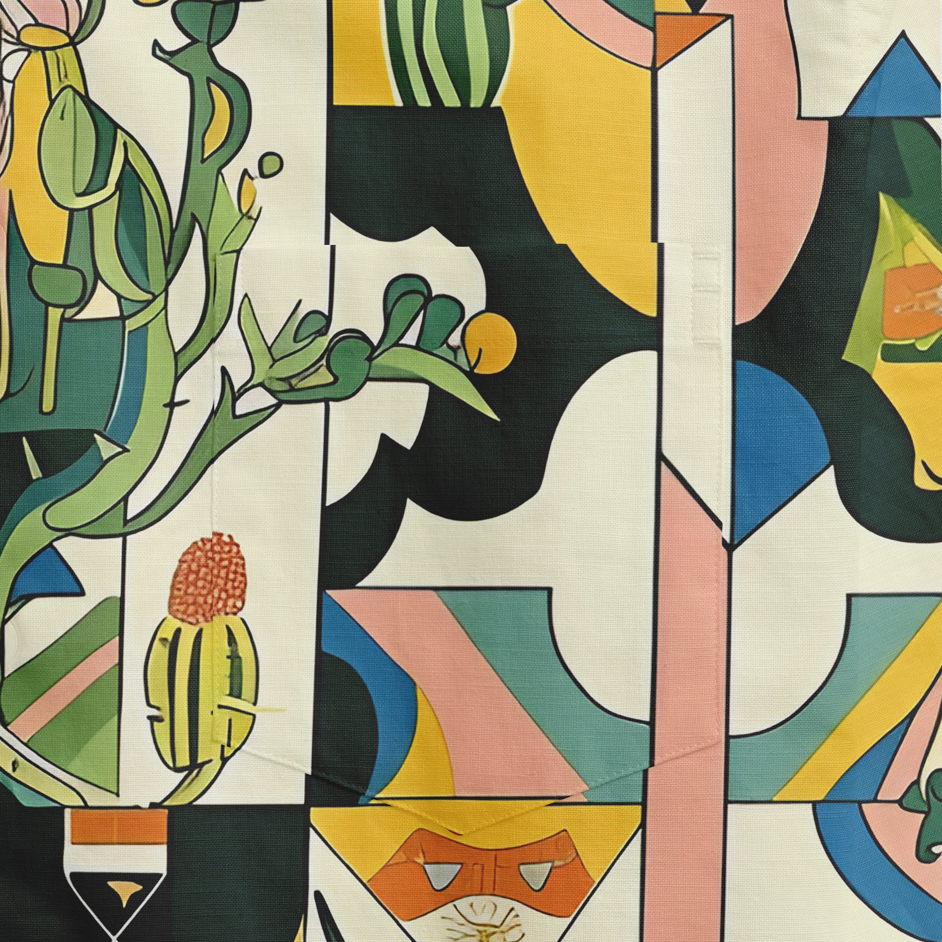 Vibrant abstract pattern with cacti, geometric shapes, and bold.