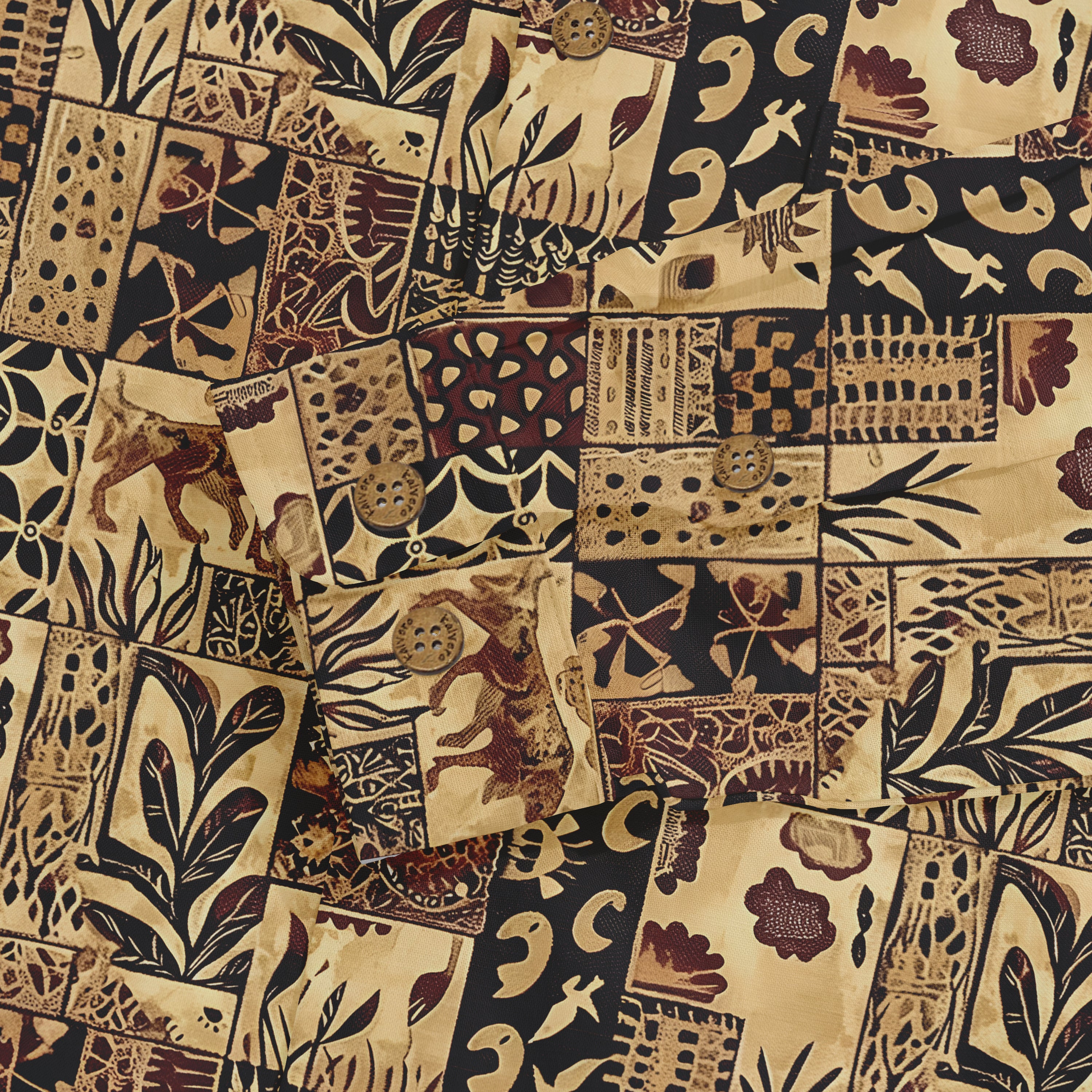 Patchwork fabric with earthy tones, featuring animals, plants.