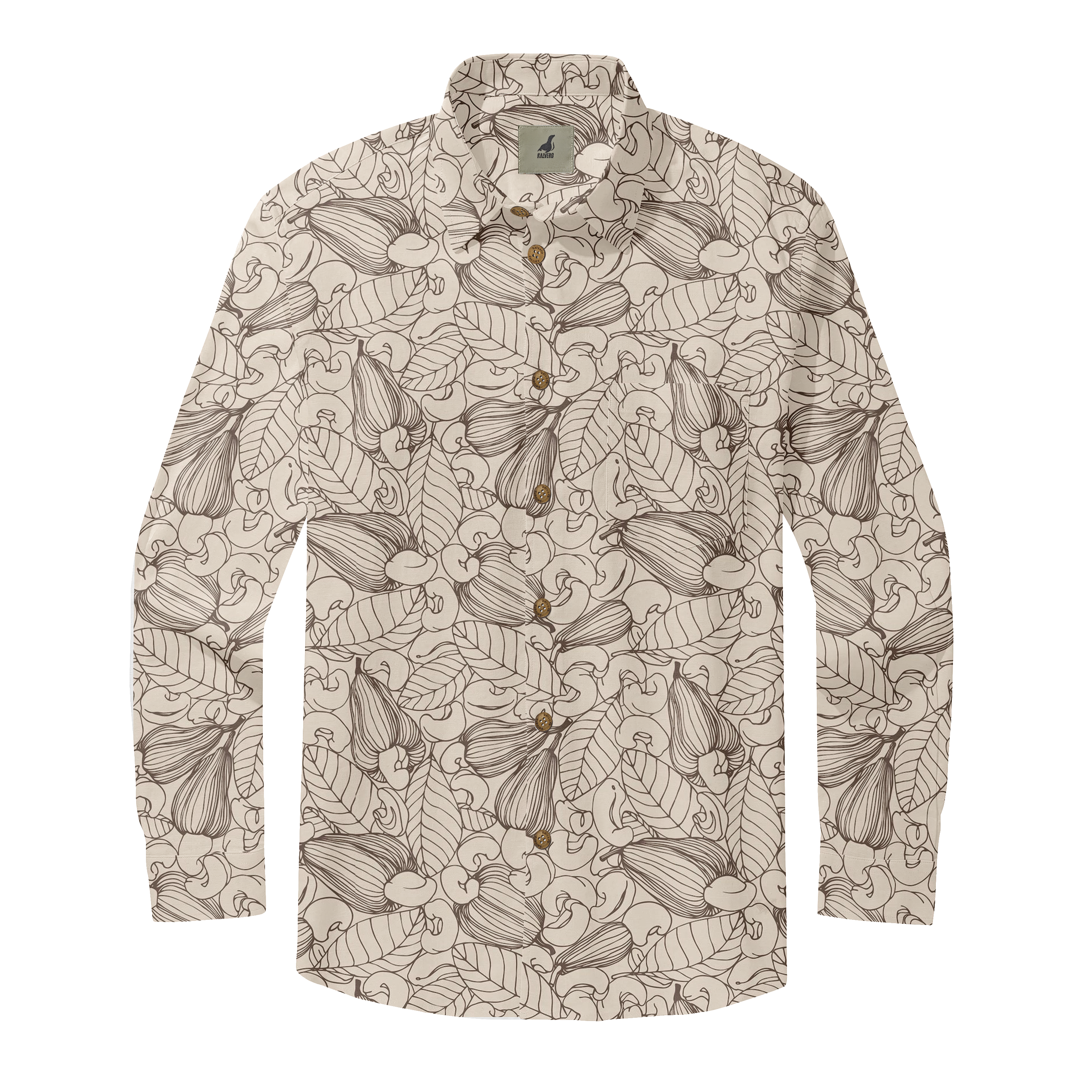 Beige long-sleeve shirt with brown botanical print, button-down.