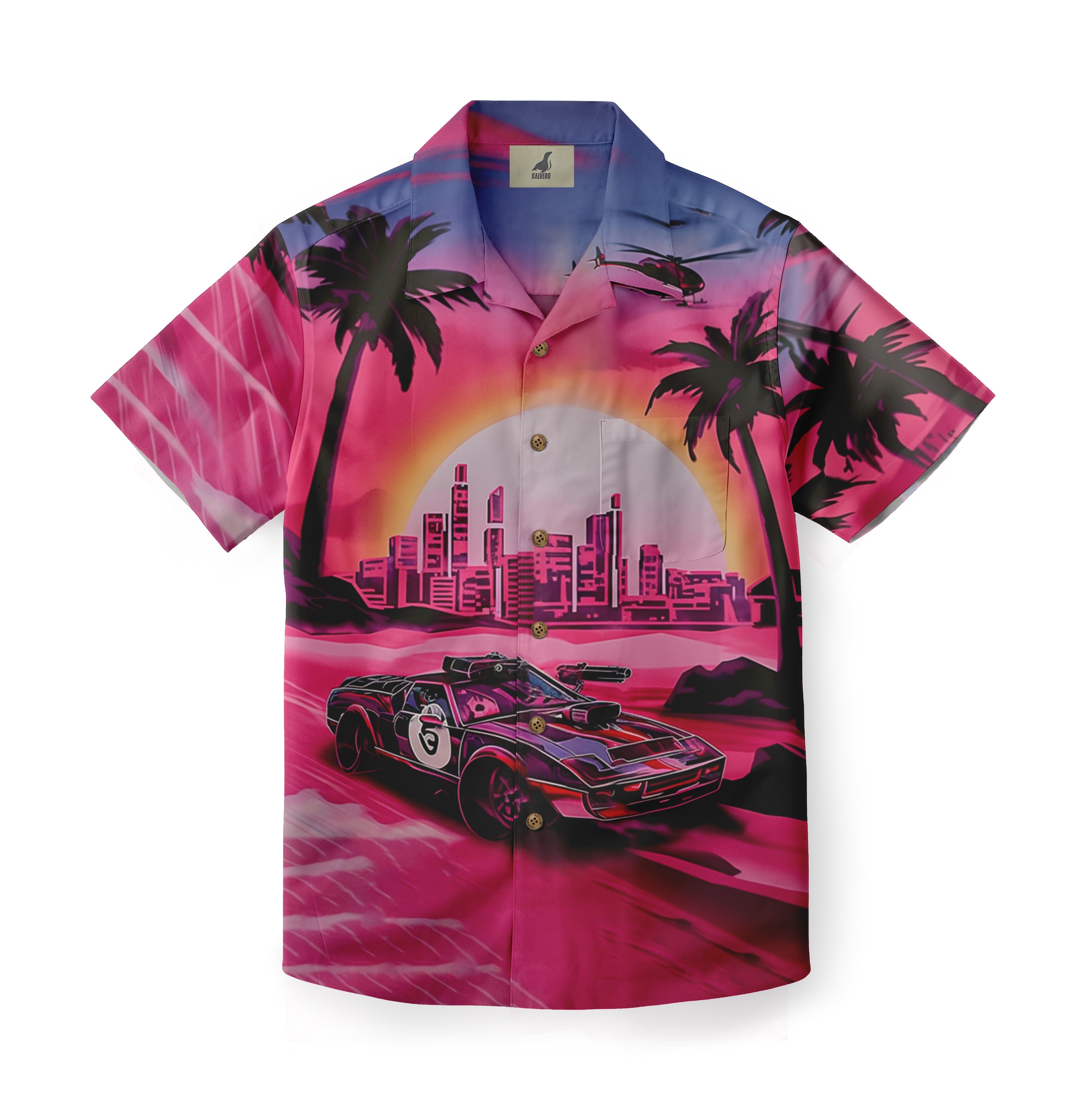 Vibrant pink Hawaiian shirt featuring a retro-futuristic cityscape.