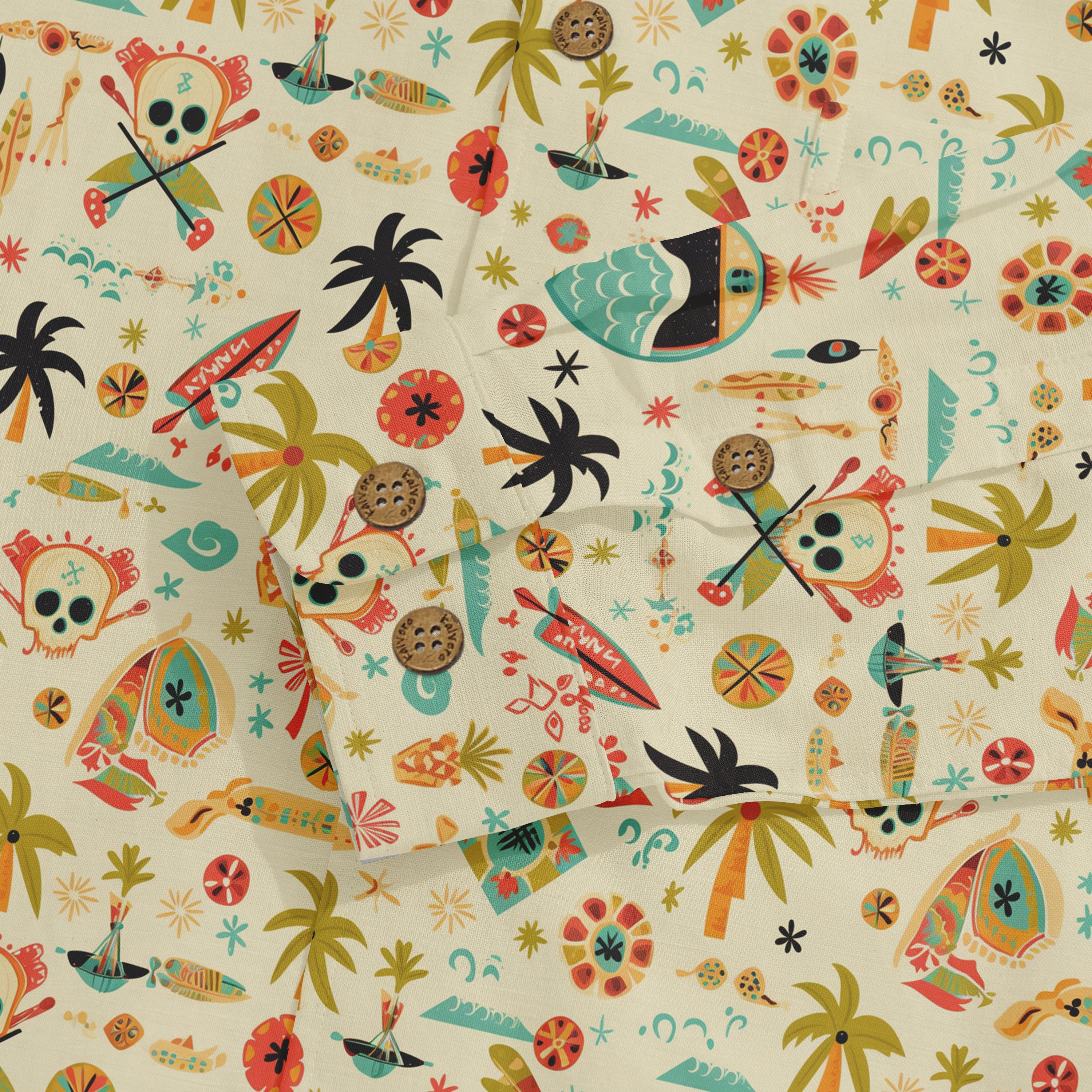 Colorful tropical fabric with palm trees, skulls, boats, and vibrant.