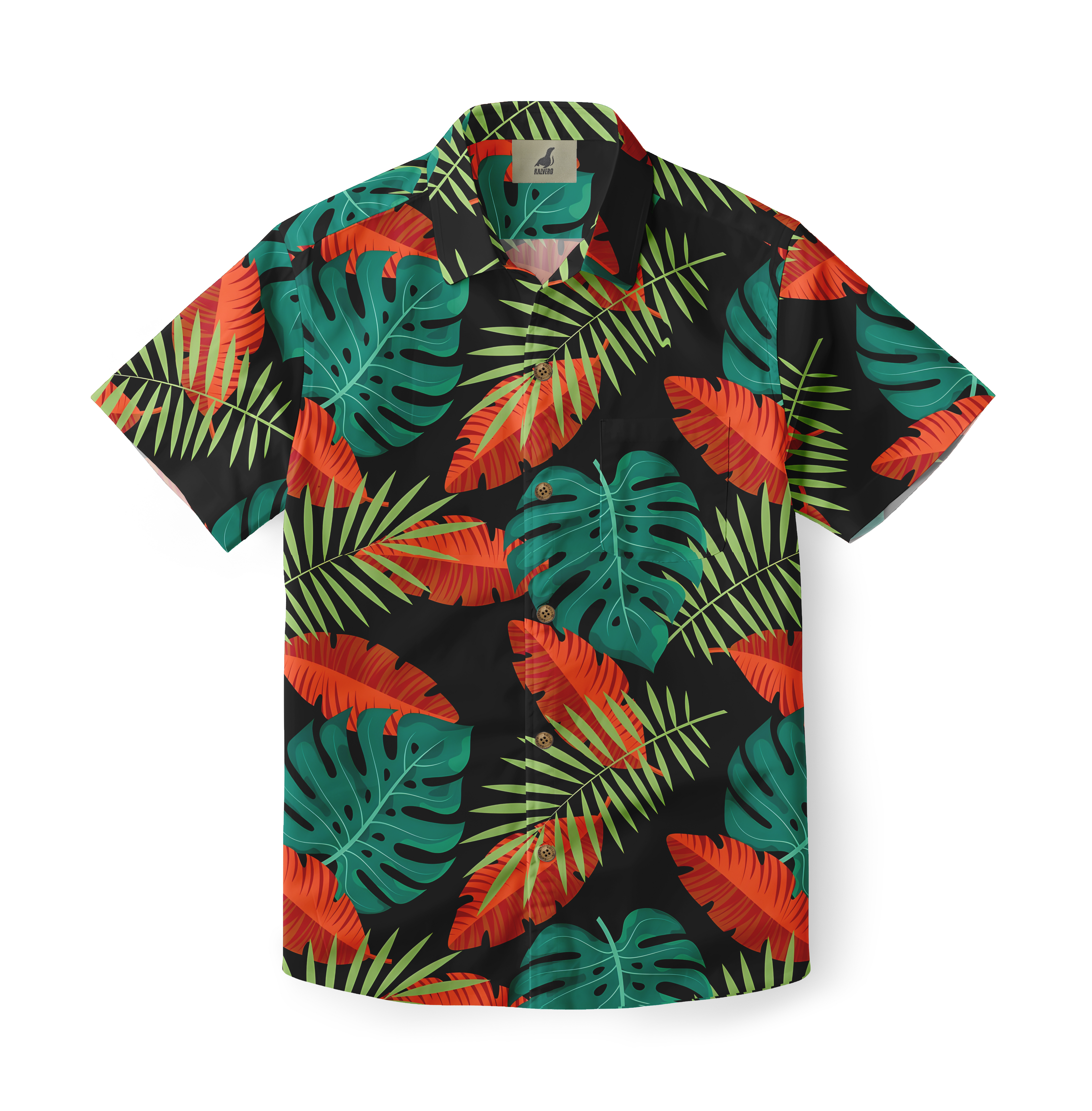 Black short-sleeve shirt with vibrant tropical leaf pattern in green.
