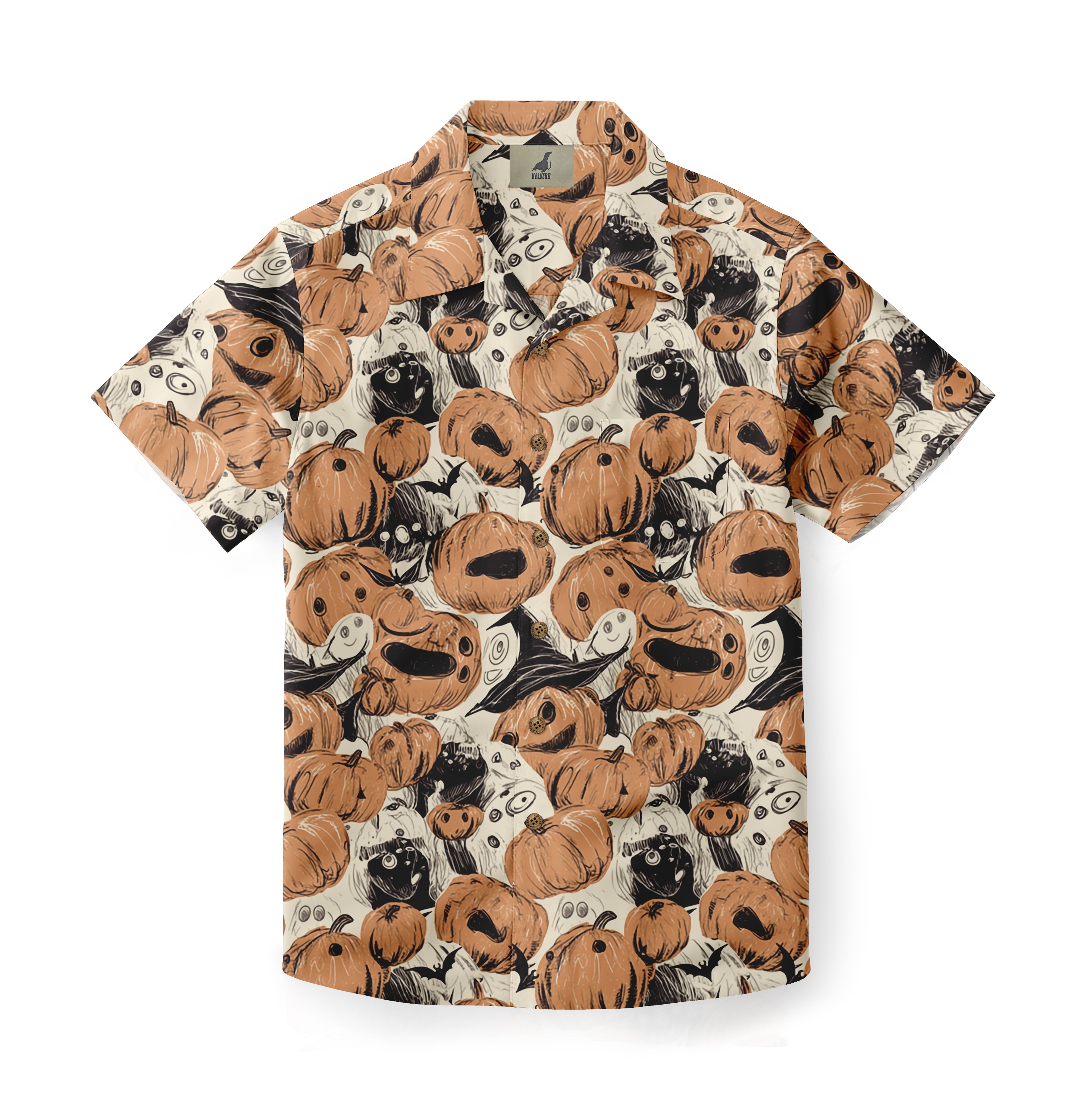 Hawaiian shirt with Halloween-themed pumpkin, ghost, and bat pattern.