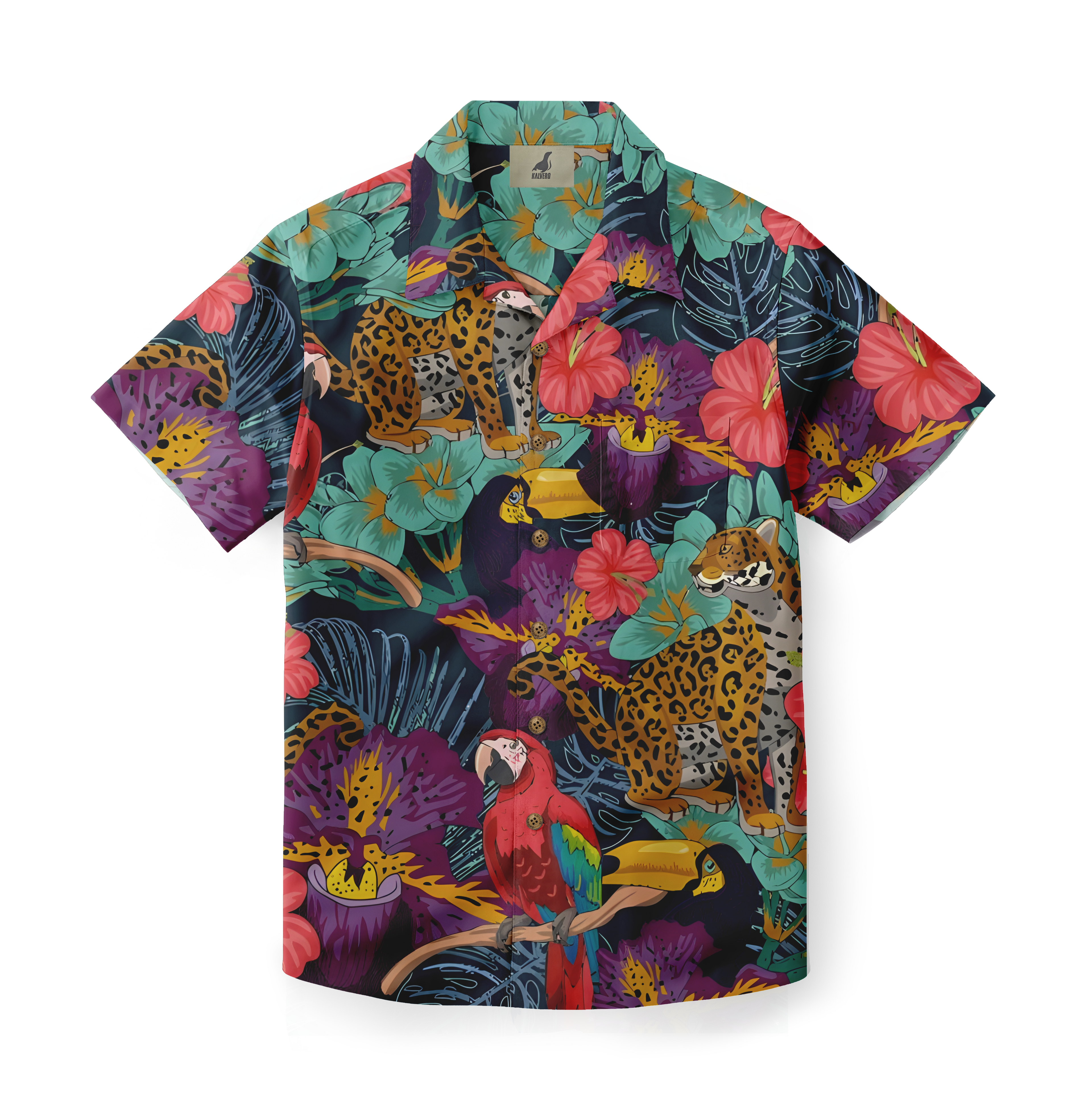 Vibrant tropical shirt featuring leopards, parrots, and exotic.