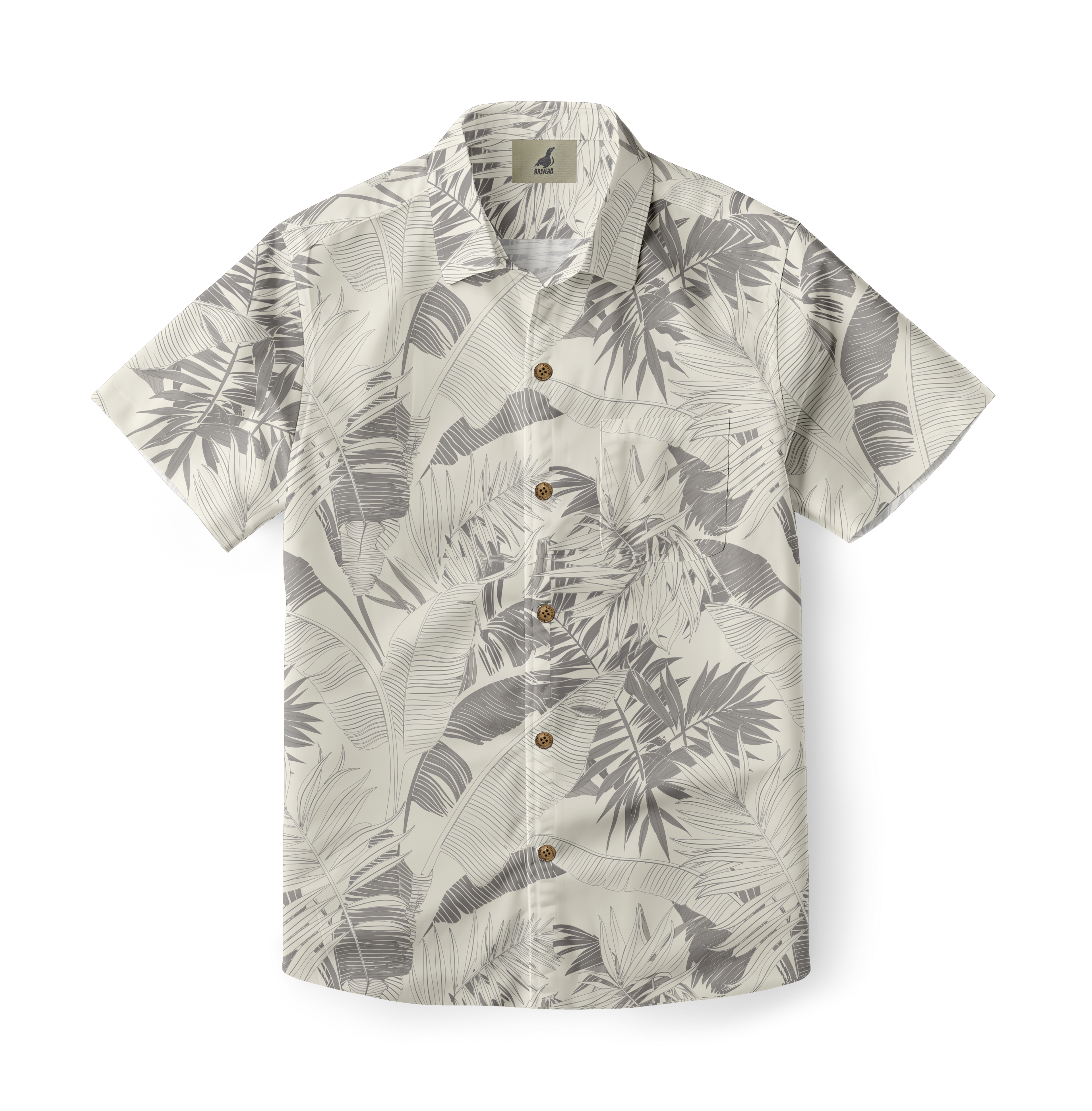Beige short-sleeve shirt with gray tropical leaf print.