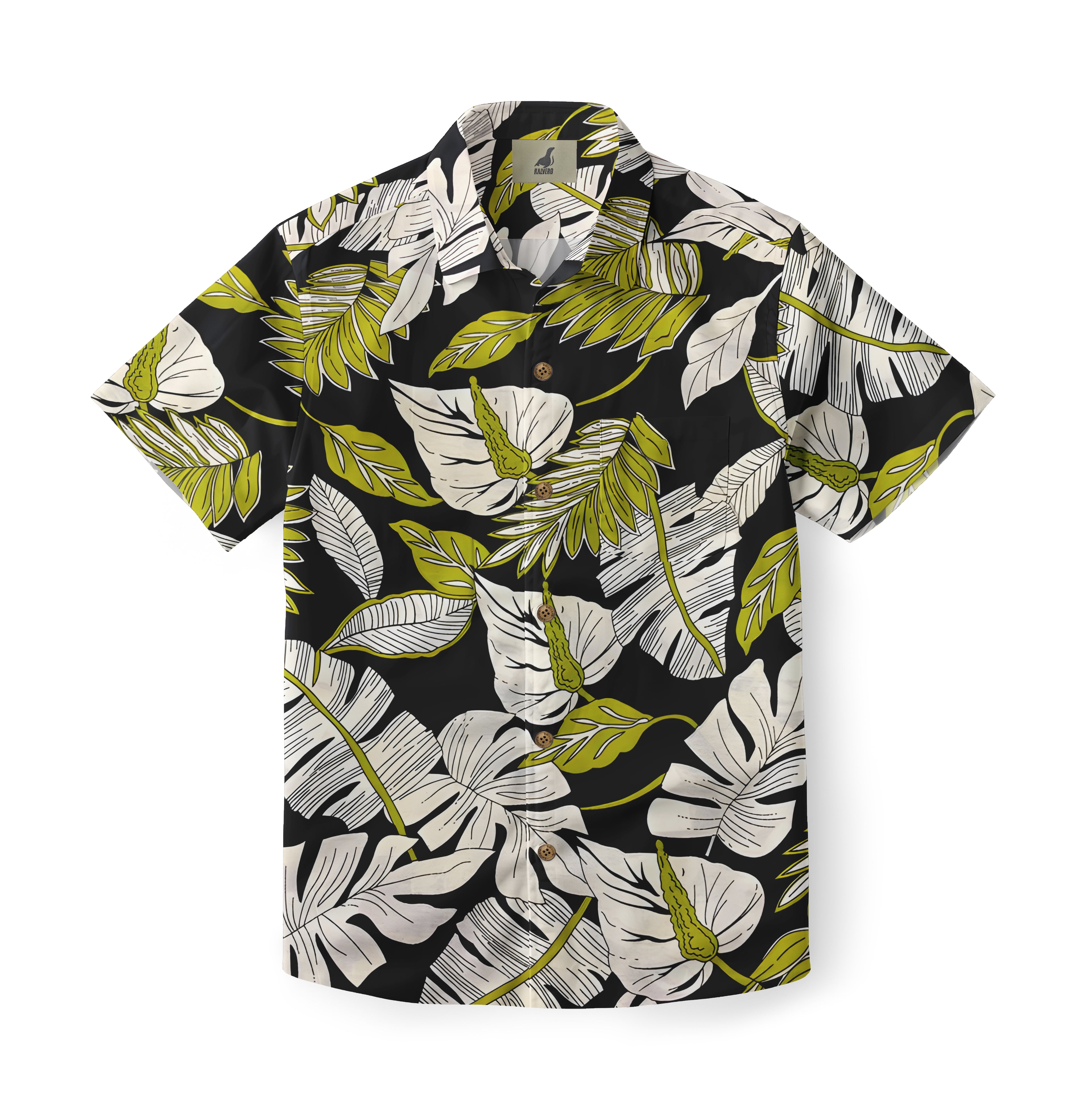 Black short-sleeve shirt with white and green tropical leaf pattern.
