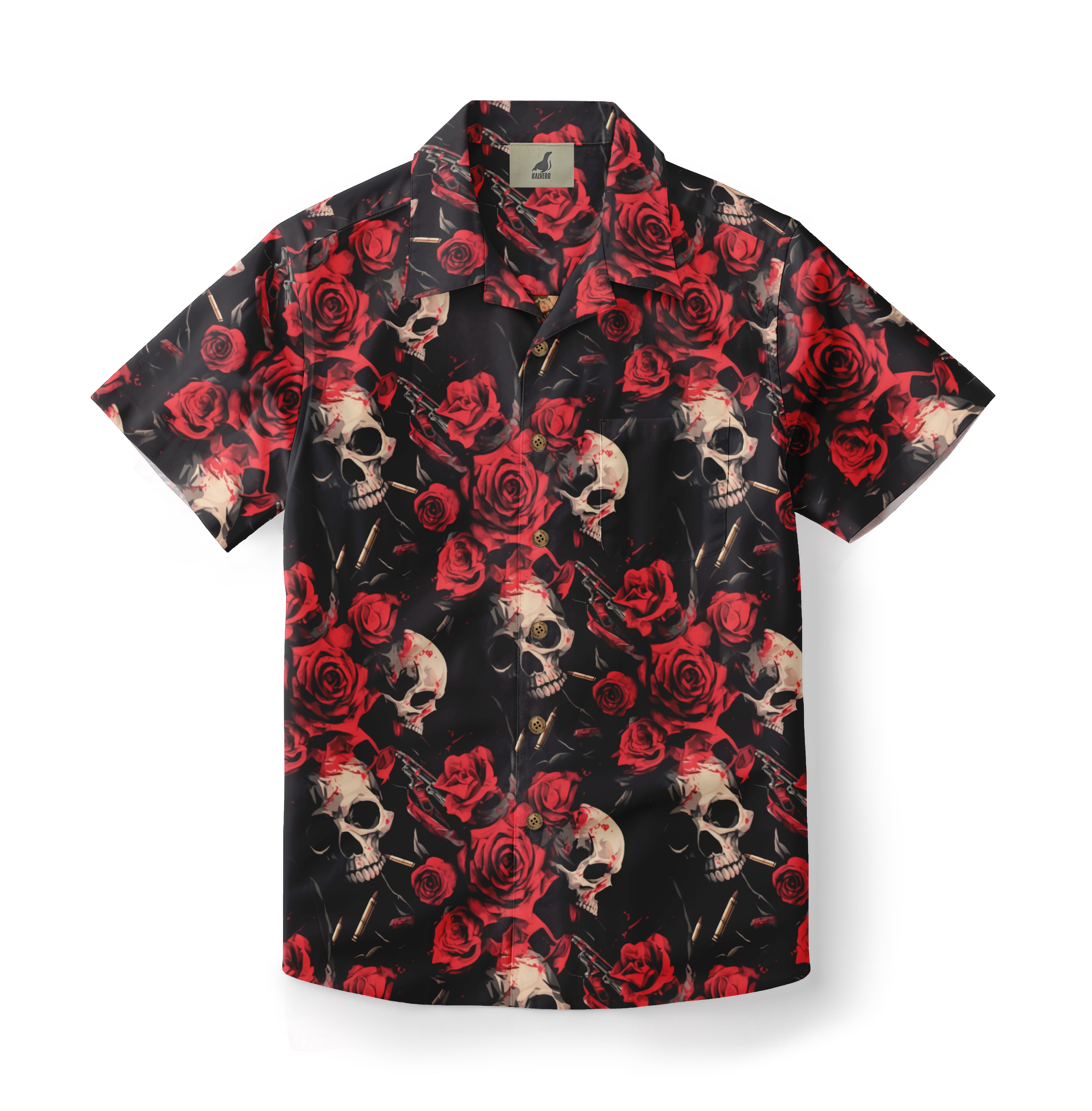 Black shirt with red roses, skulls, and guns pattern.