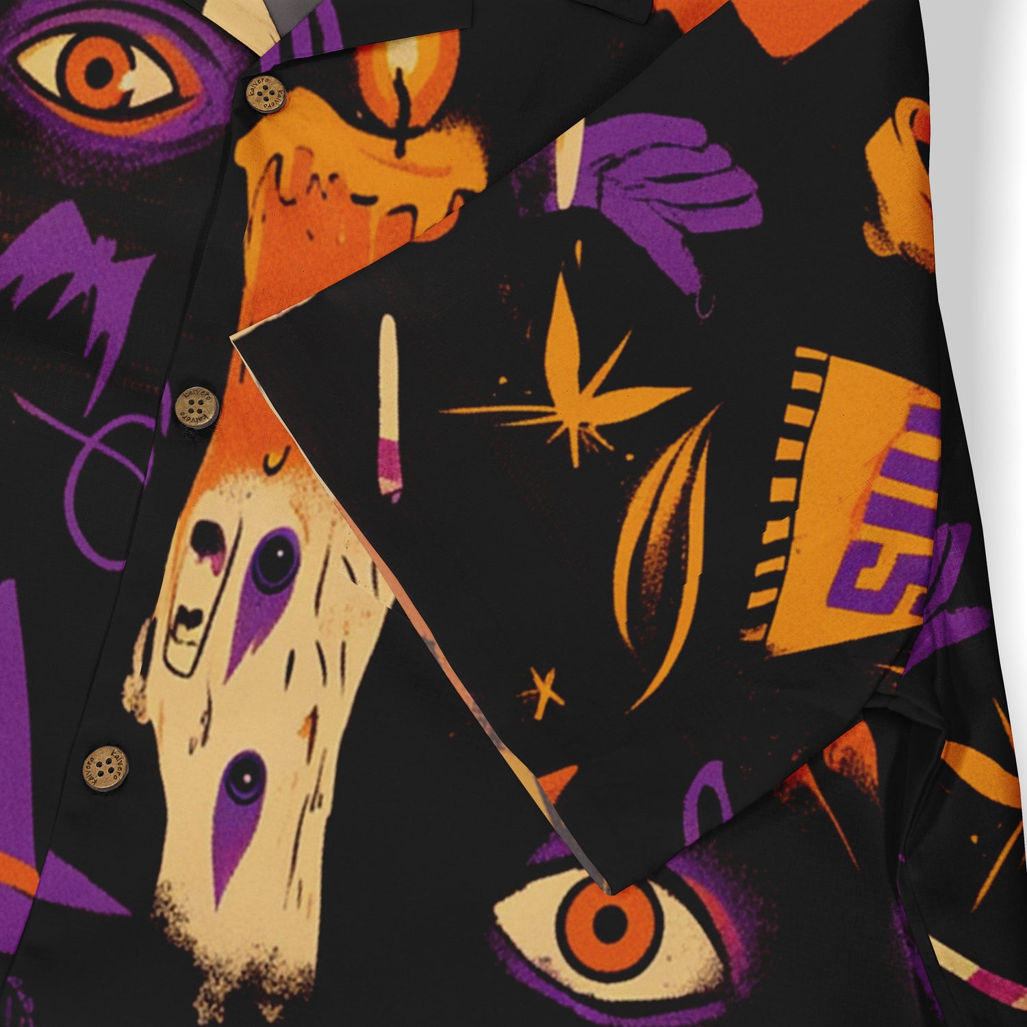 Bold black shirt with vibrant purple, orange, and yellow abstract.