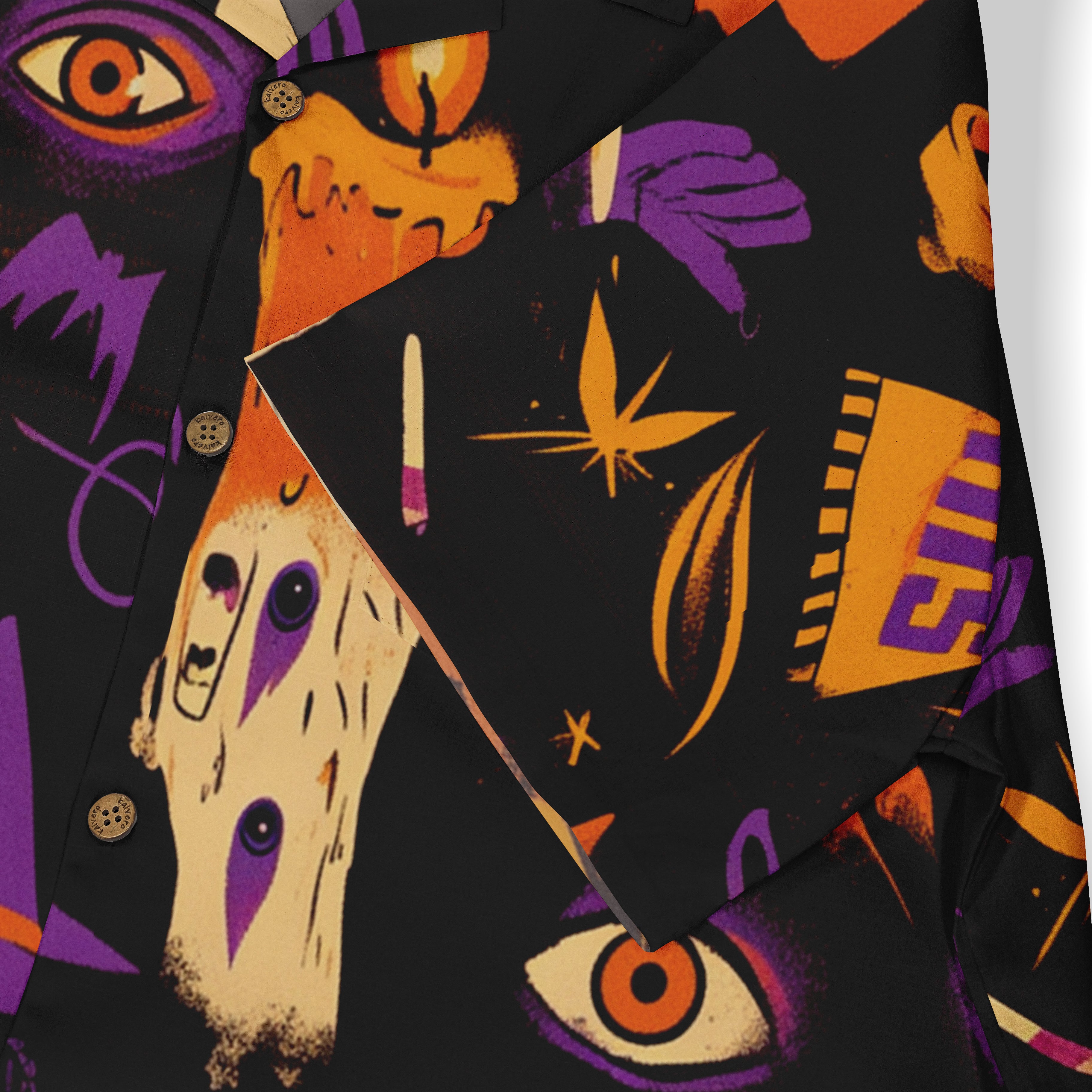 Bold black shirt with vibrant purple, orange, and yellow abstract.