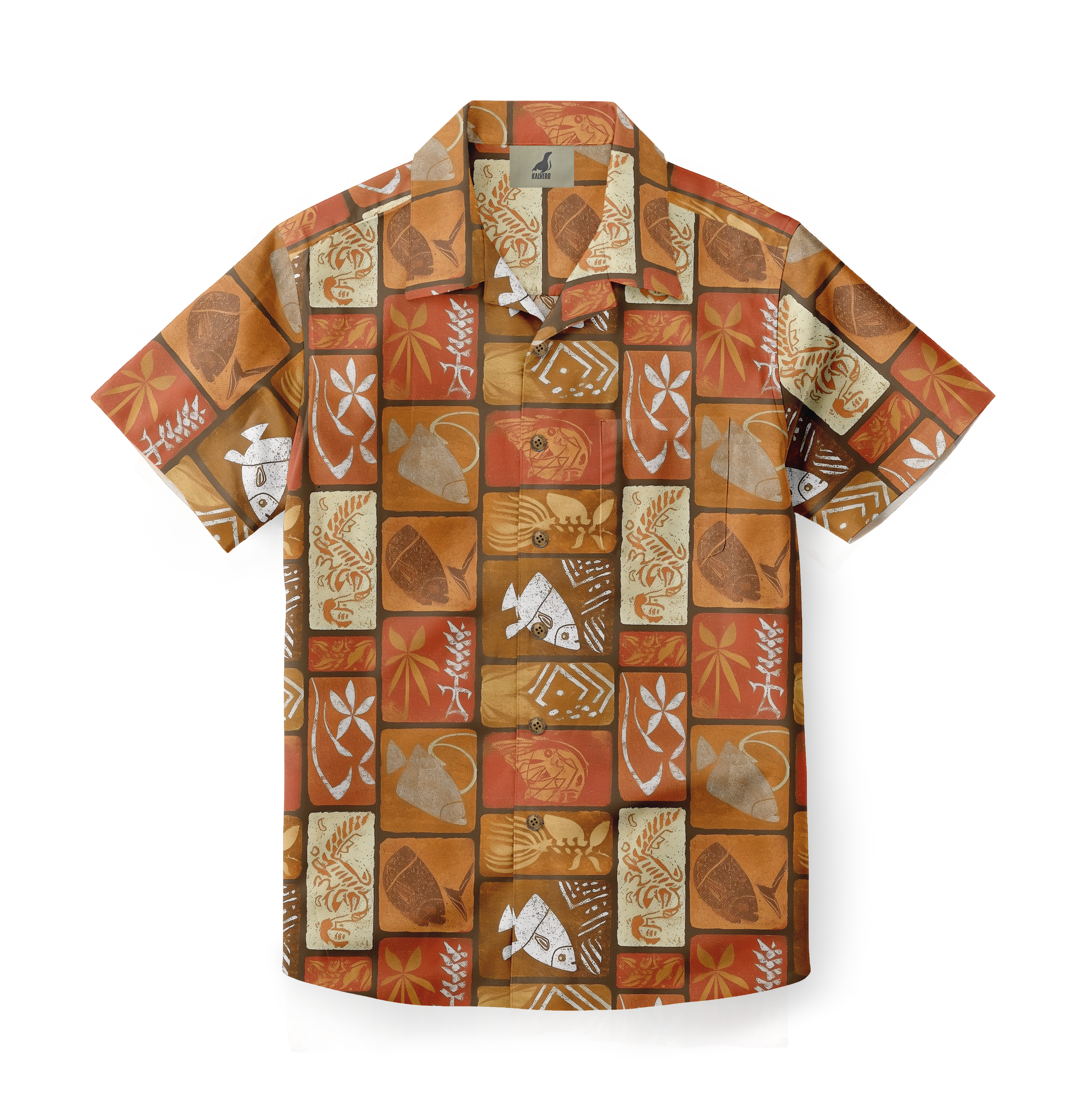 Orange short-sleeve shirt with fish and leaf patterns.