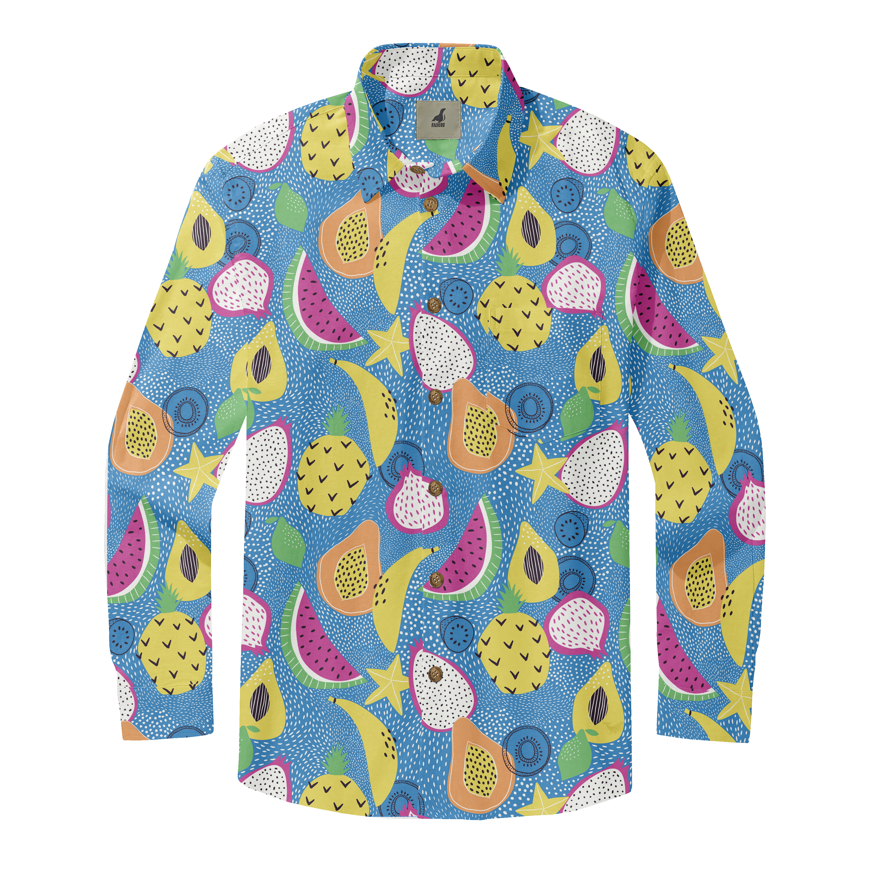 Vibrant blue shirt with colorful tropical fruit pattern, including.