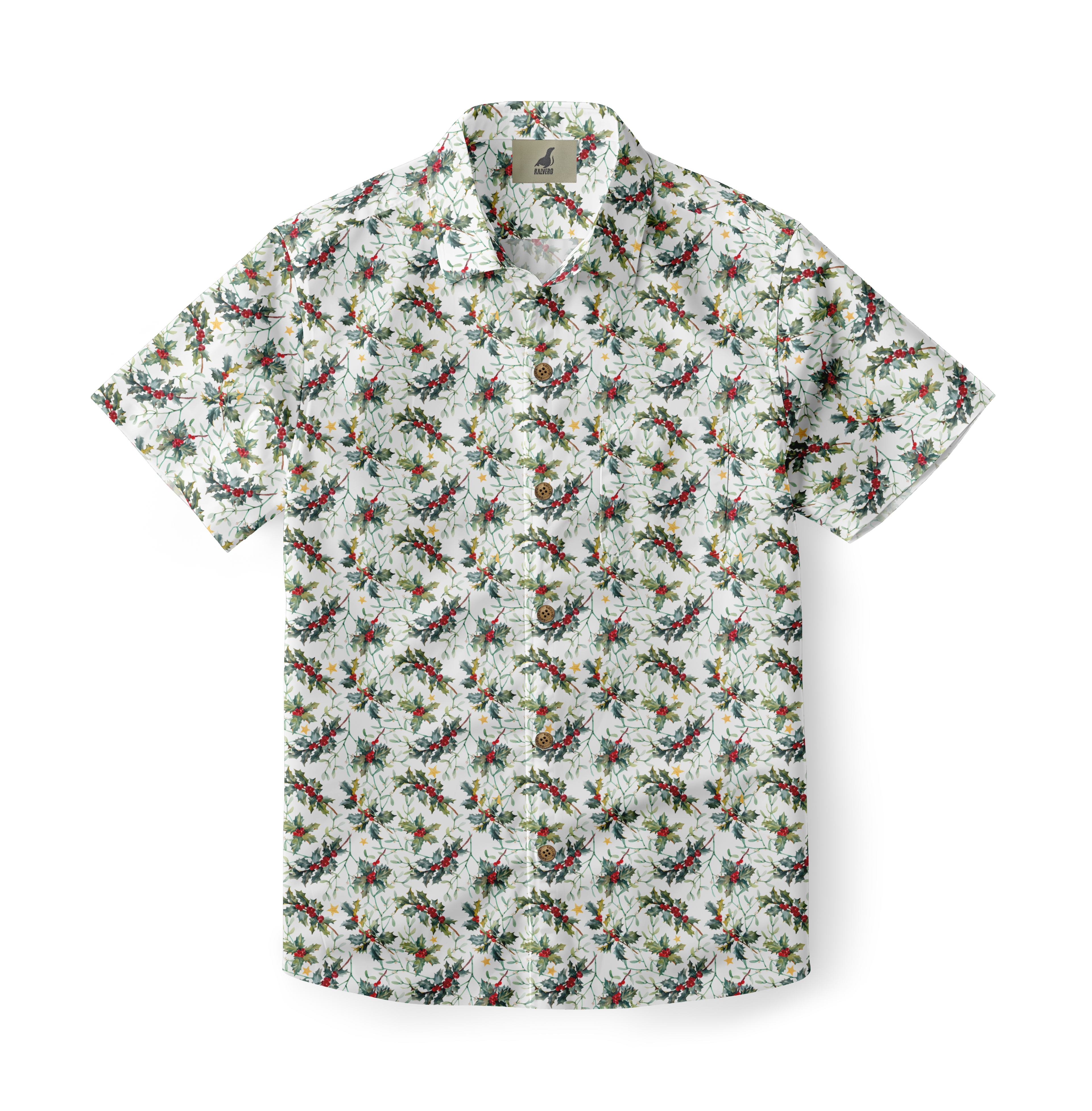White short-sleeve shirt with holly berry print.