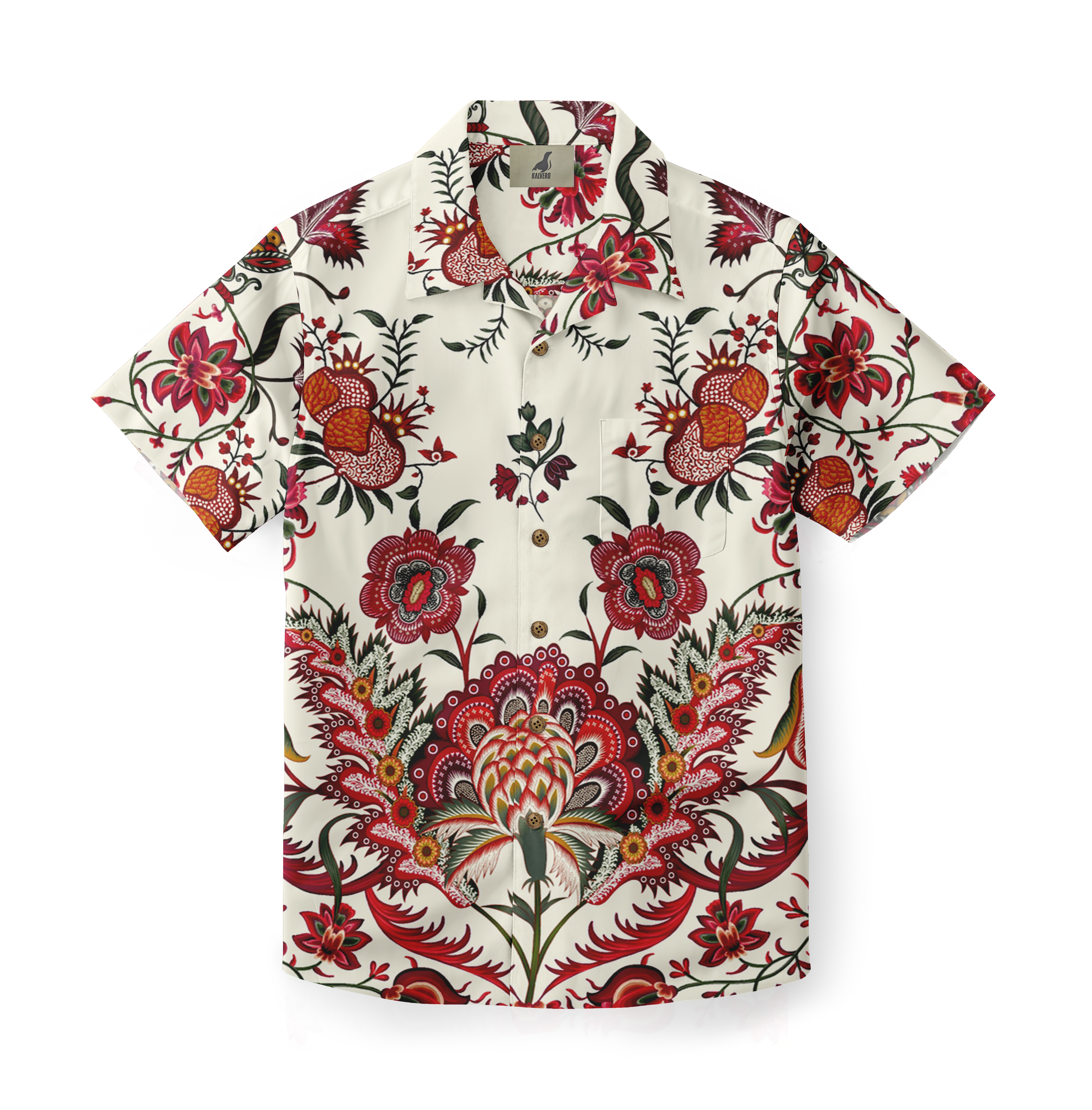 Cream short-sleeve shirt with vibrant red floral and fruit patterns.