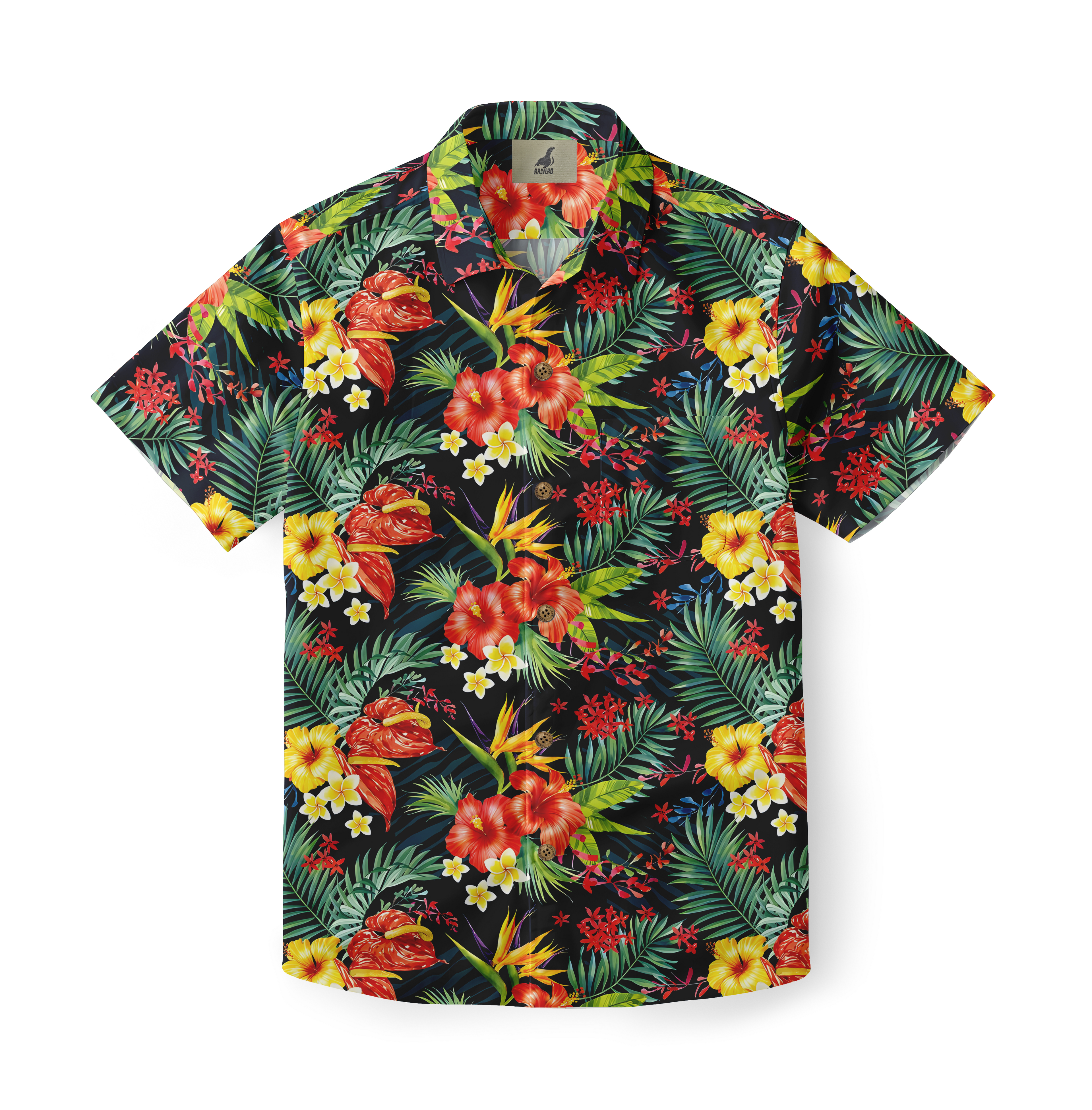 Black Hawaiian shirt with vibrant tropical floral and leaf pattern.