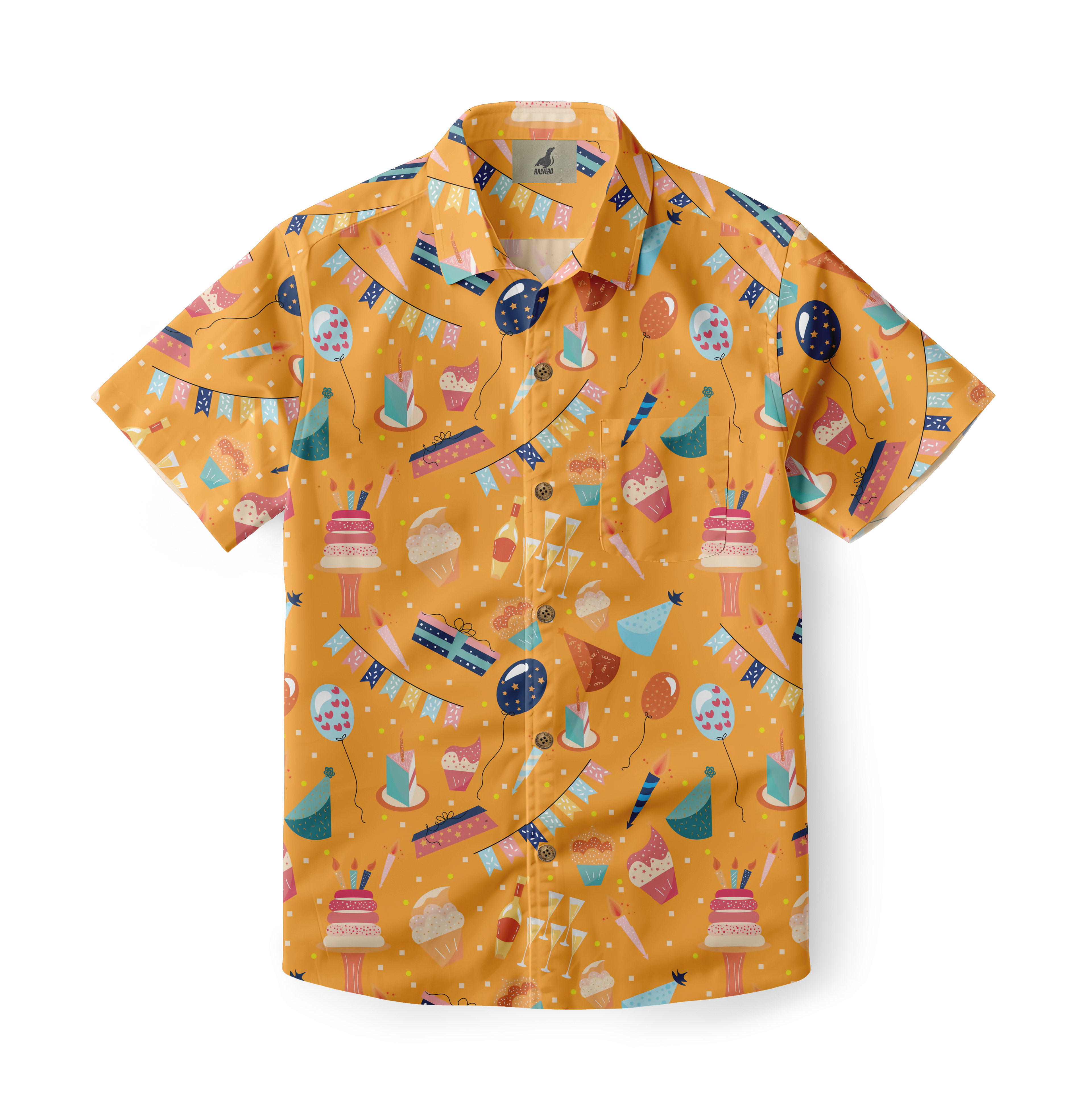 Orange shirt with colorful party-themed patterns.