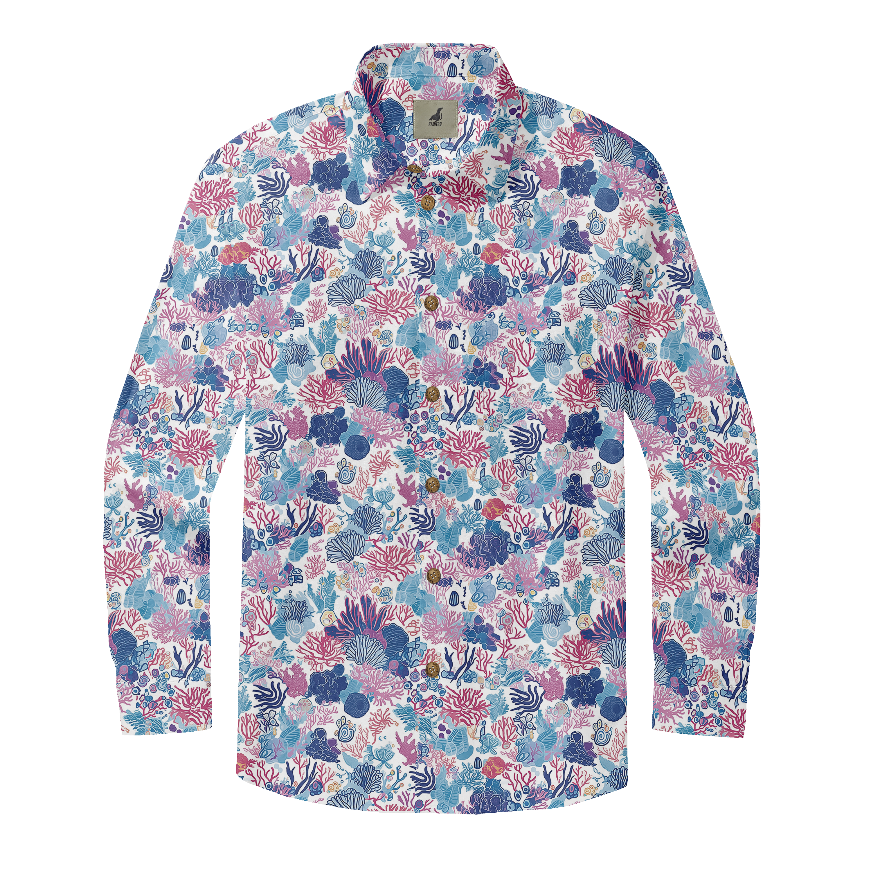 Colorful coral print long-sleeve shirt with buttons.