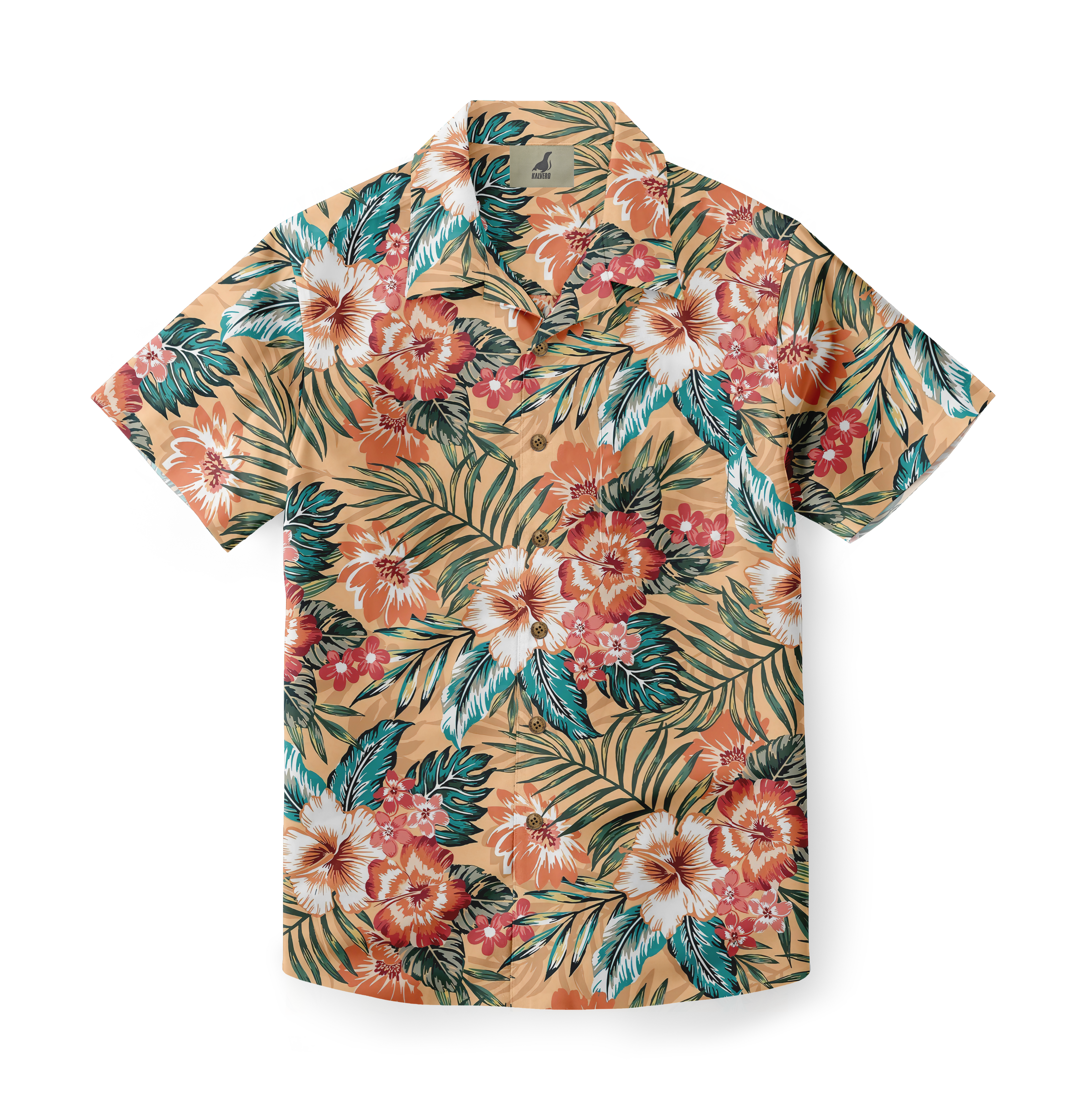 Tan shirt with tropical flowers and green leaves pattern.