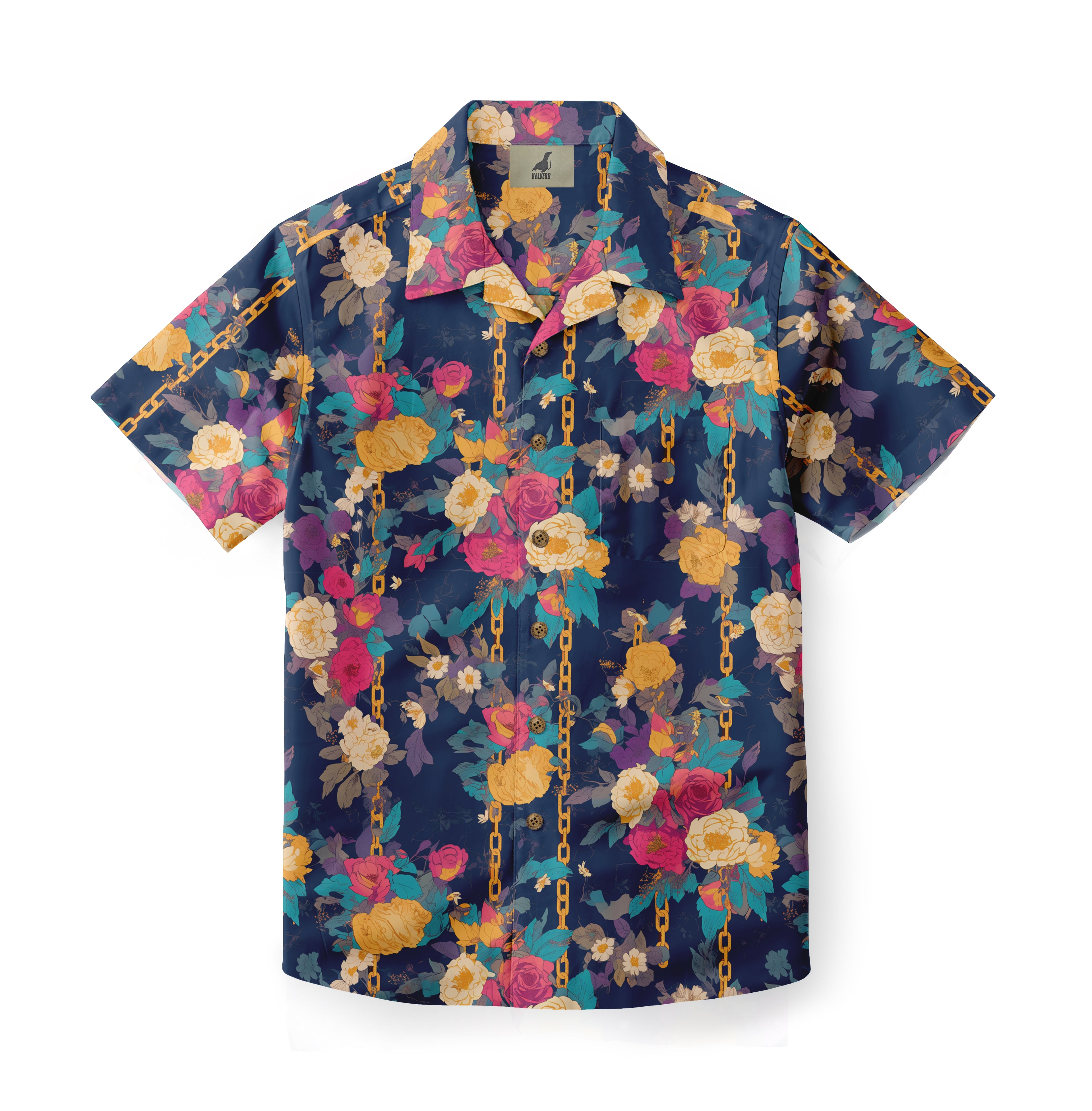 Vibrant floral and chain patterned short-sleeve shirt on navy blue.