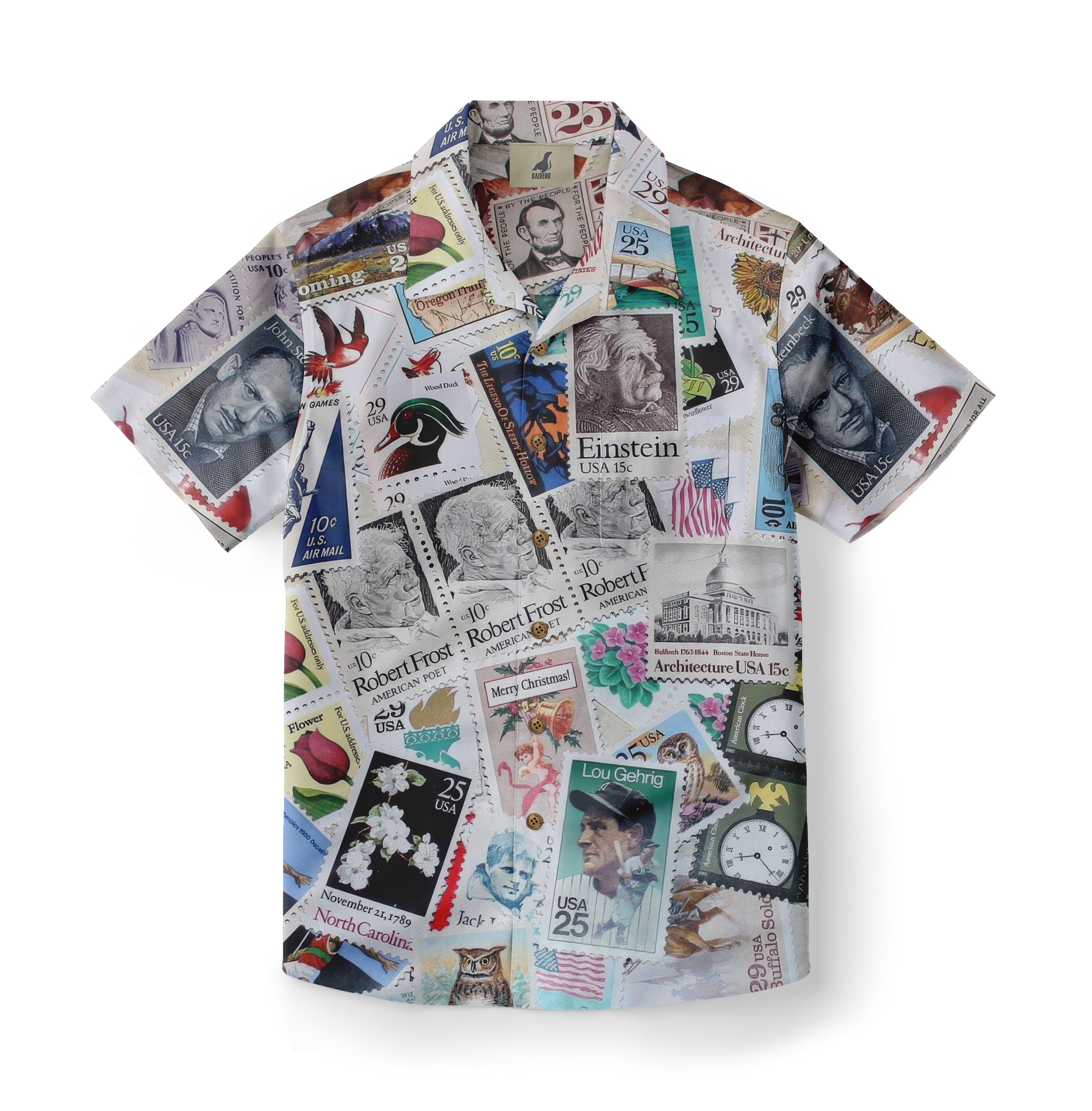 Shirt with colorful postage stamp print design.