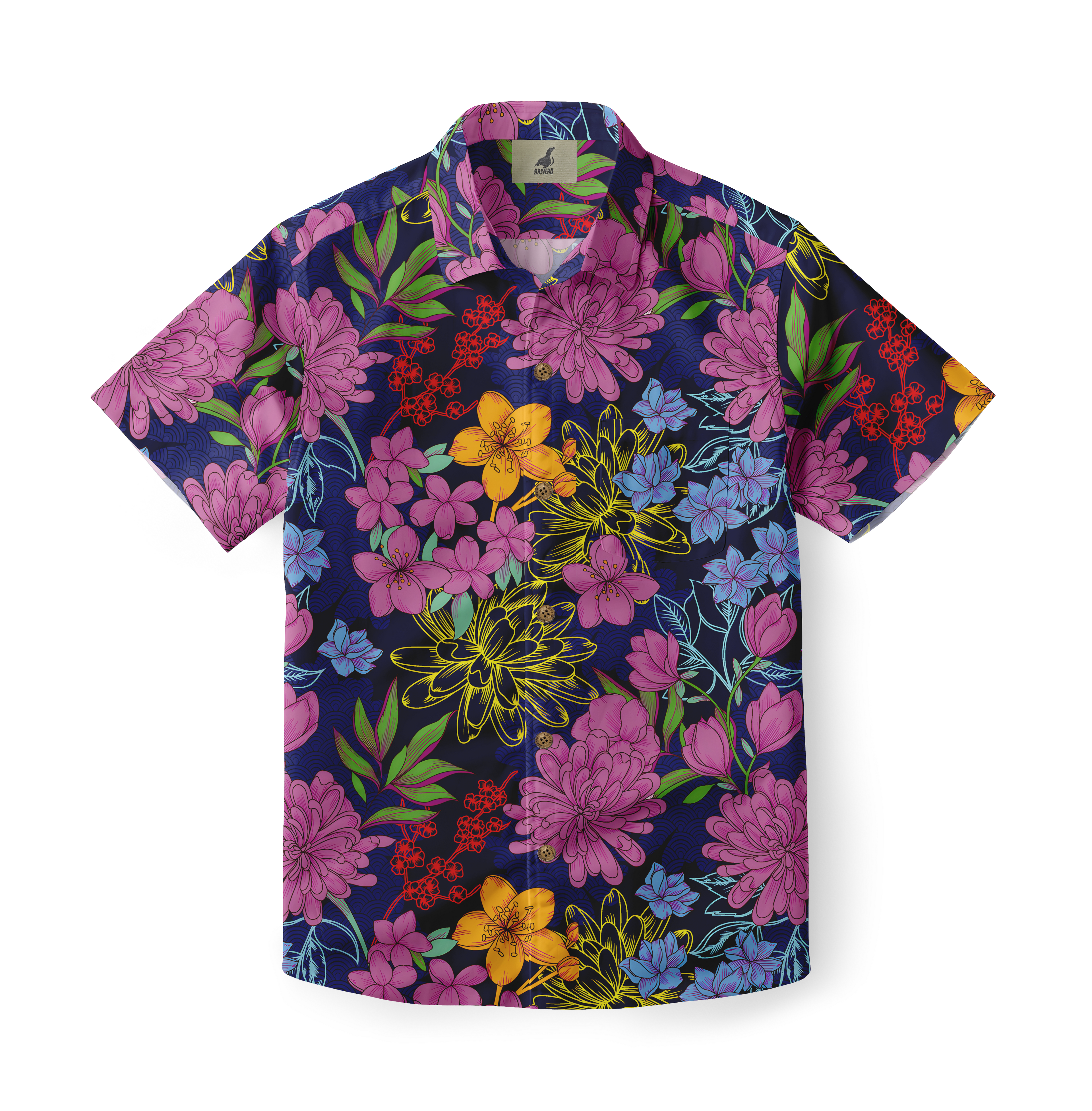 Vibrant floral shirt with pink, yellow, blue flowers on dark.