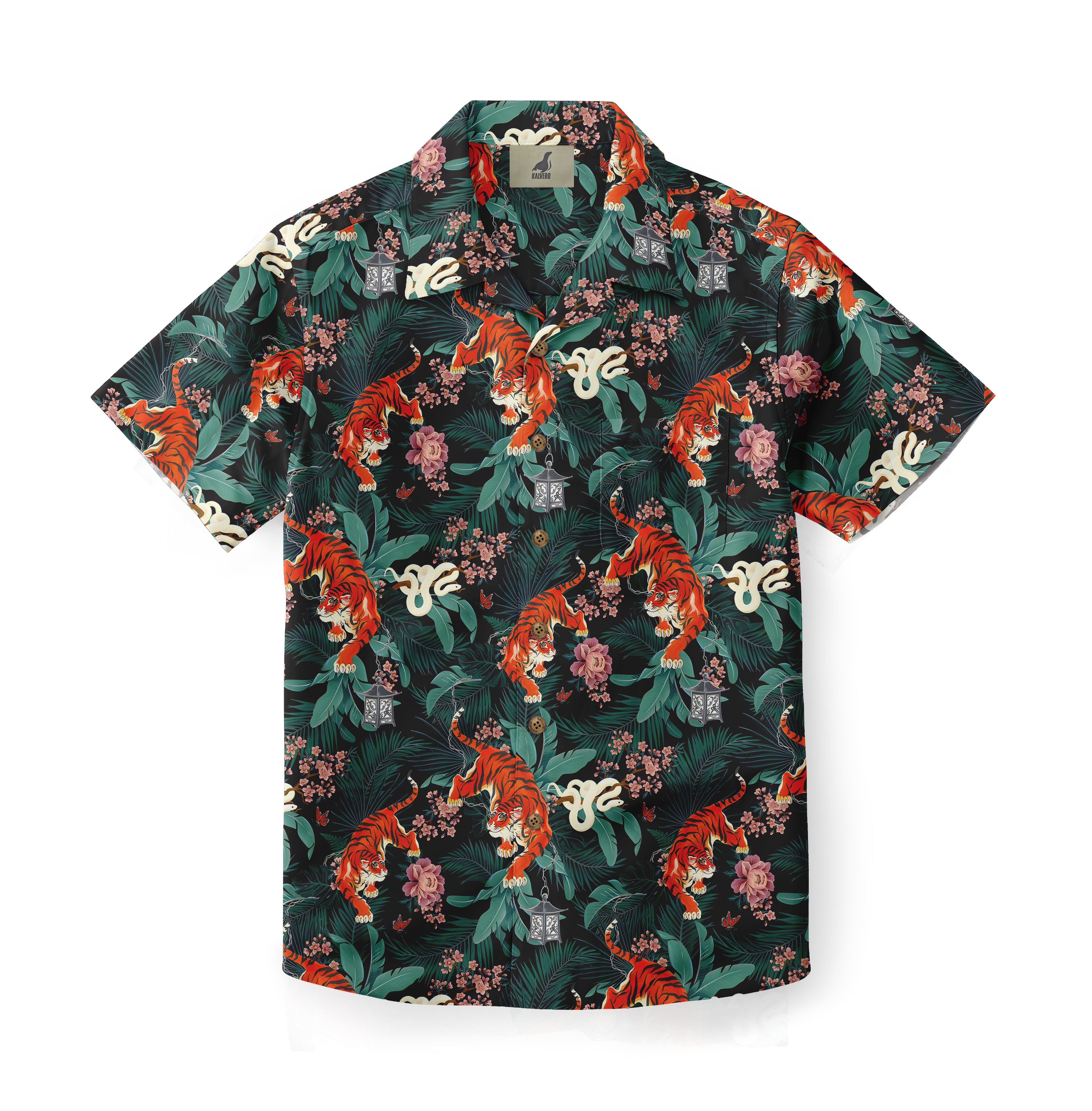 Black shirt with vibrant tiger, floral, and lantern print.
