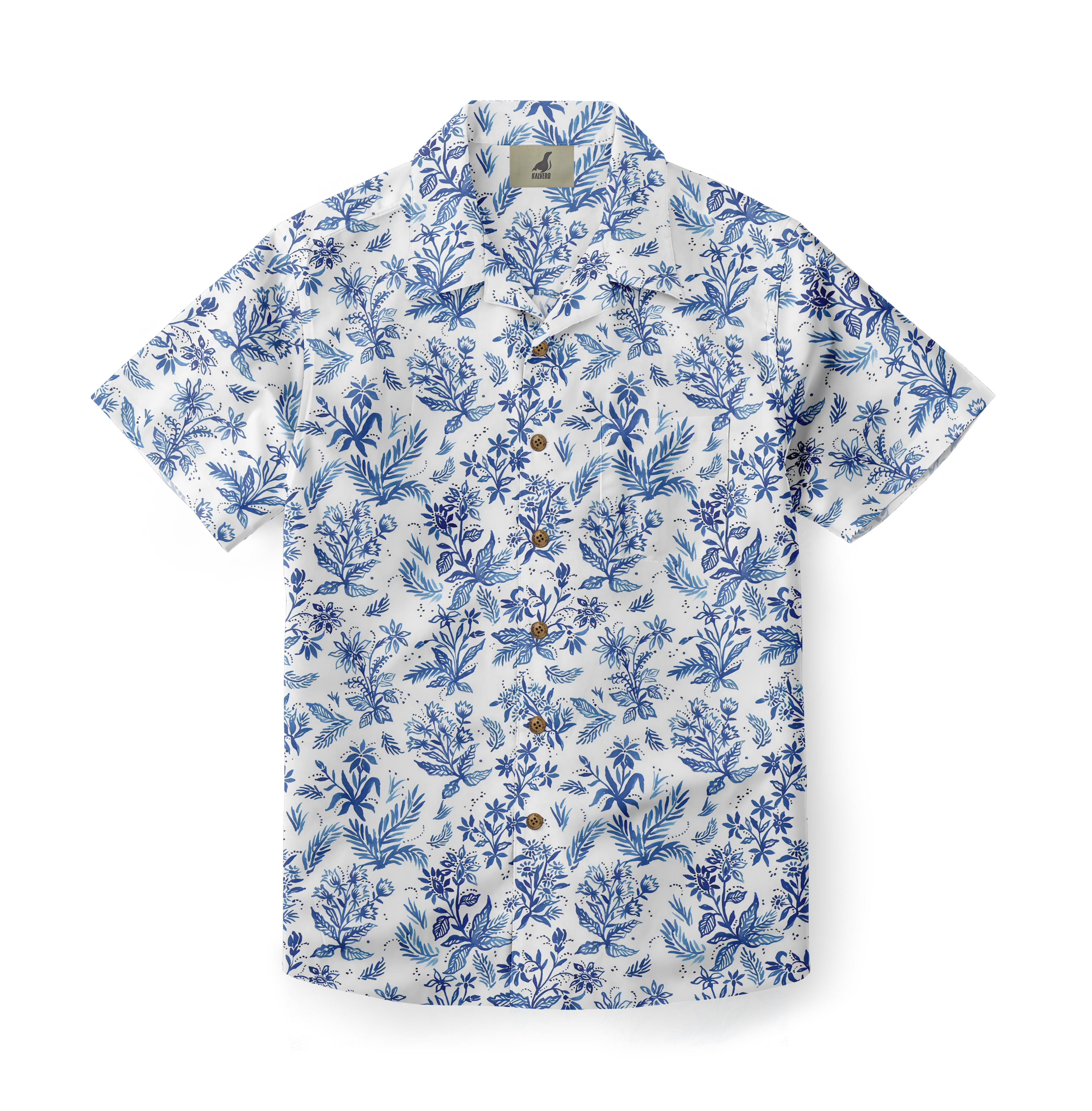 White shirt with blue floral pattern, short sleeves, button-up.