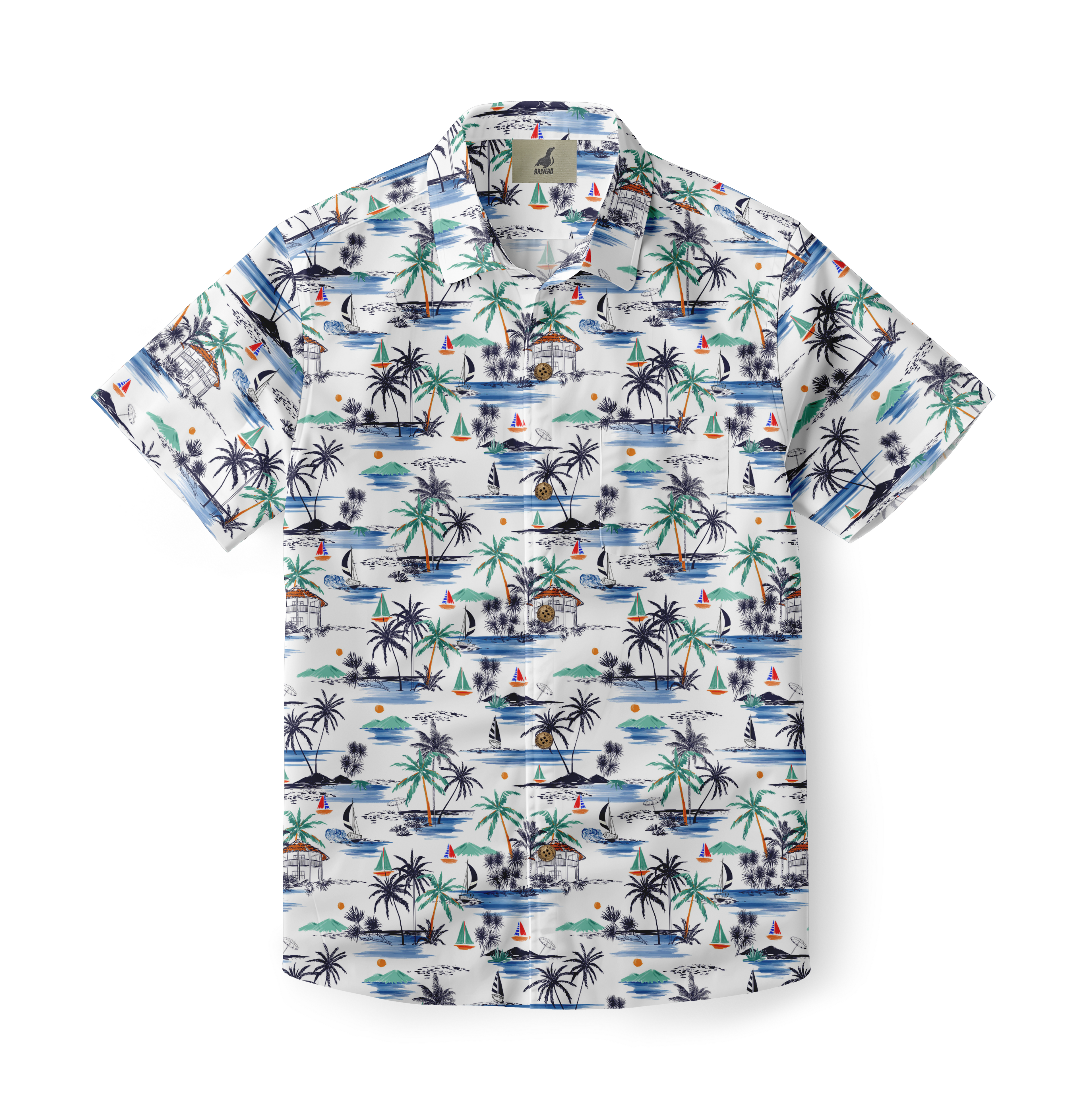 White shirt with palm trees, sailboats, and beach huts print.