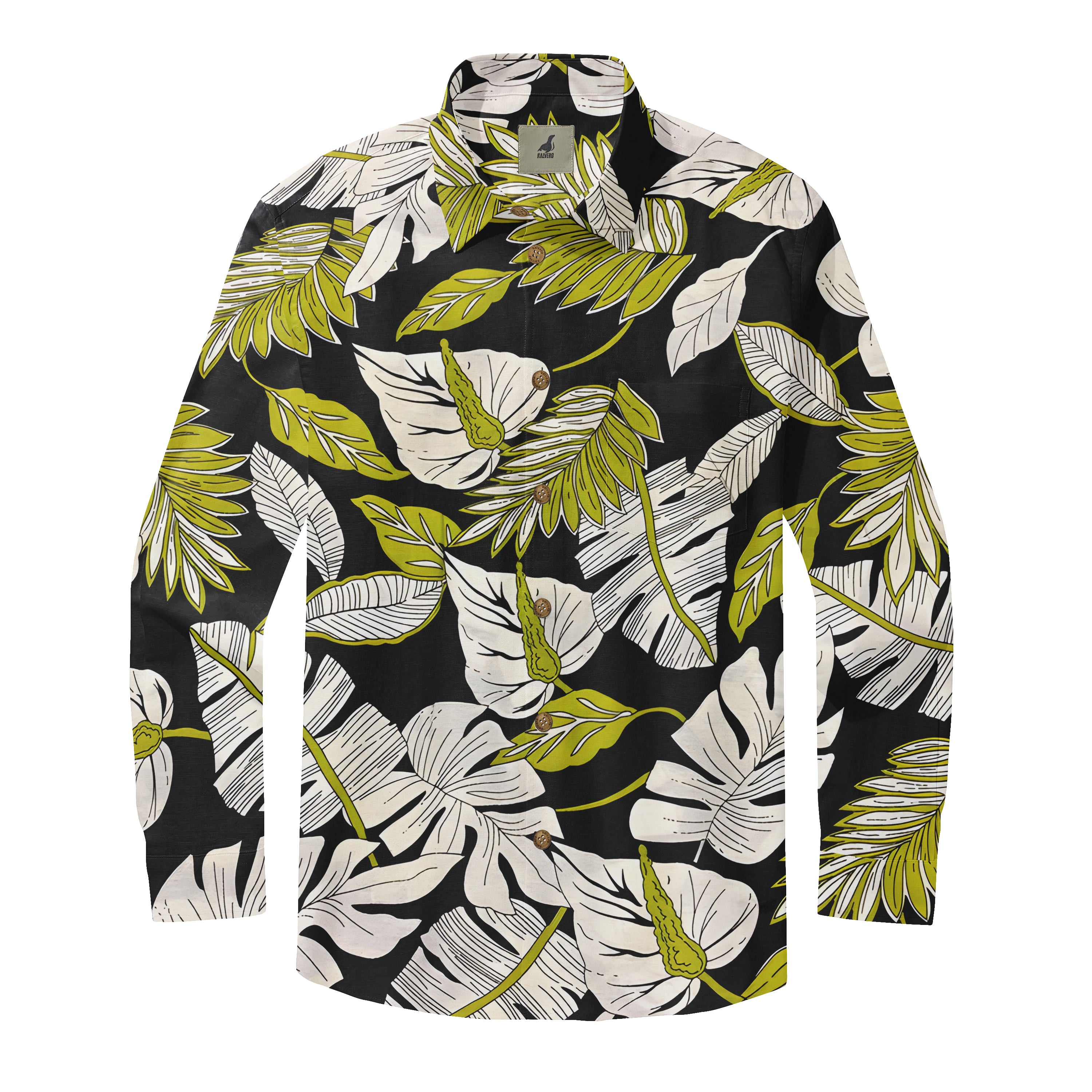Black shirt with white and green tropical leaf pattern, button-up.