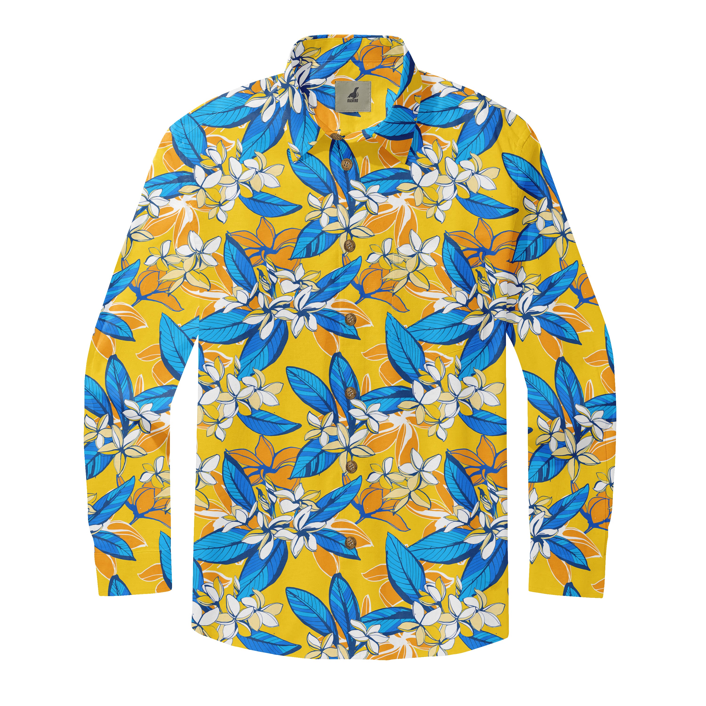 Yellow shirt with blue leaves and white flowers pattern.
