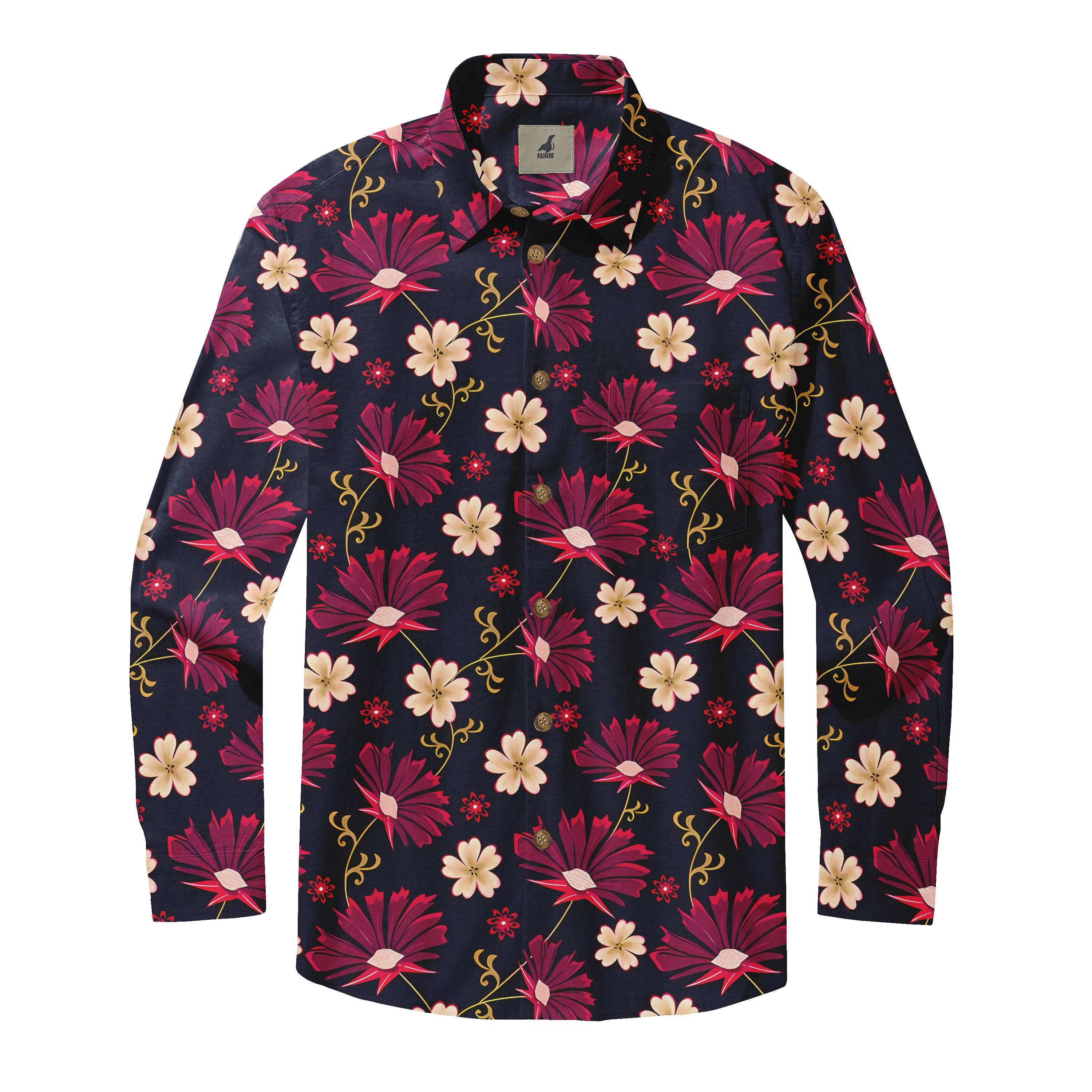Dark blue floral shirt with red and cream flowers, gold vines.