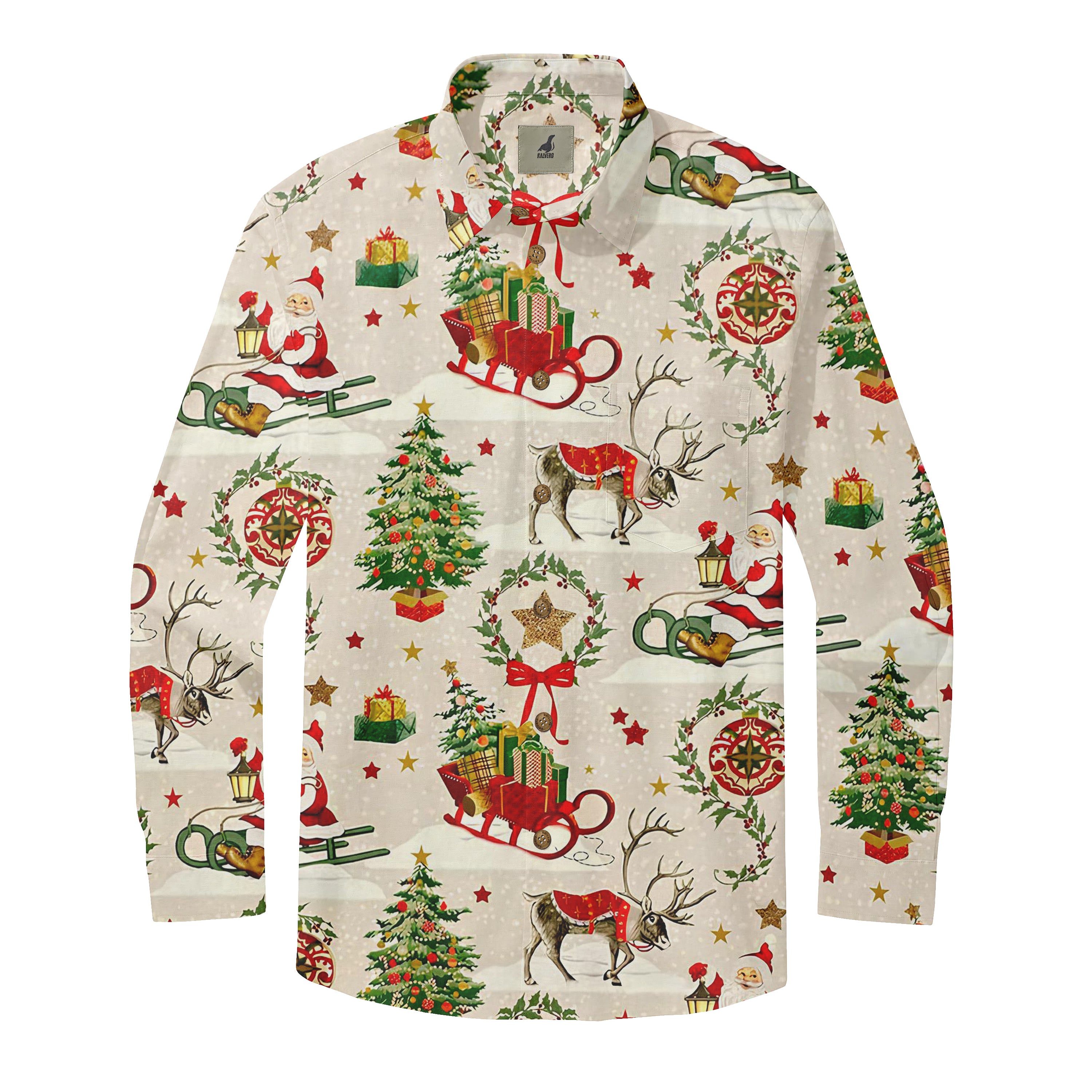 Christmas-themed shirt with Santa, reindeer, trees, and gifts.