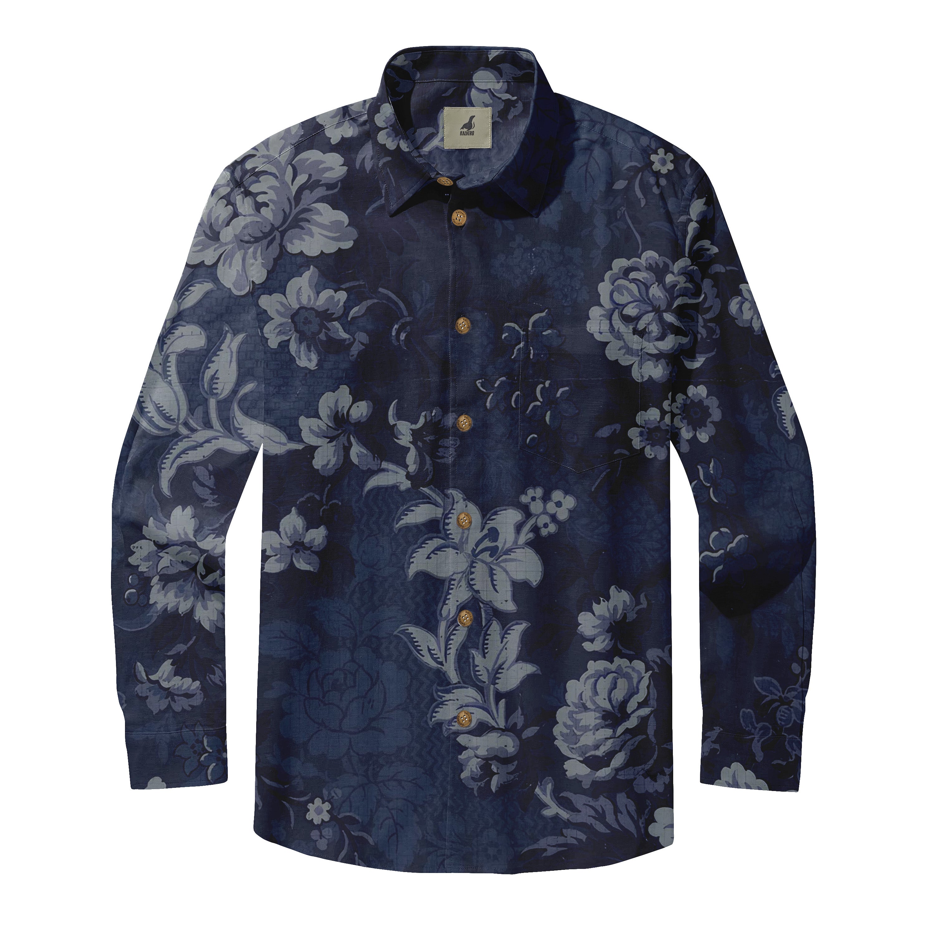 Dark blue floral long-sleeve shirt with gold buttons and a chest.