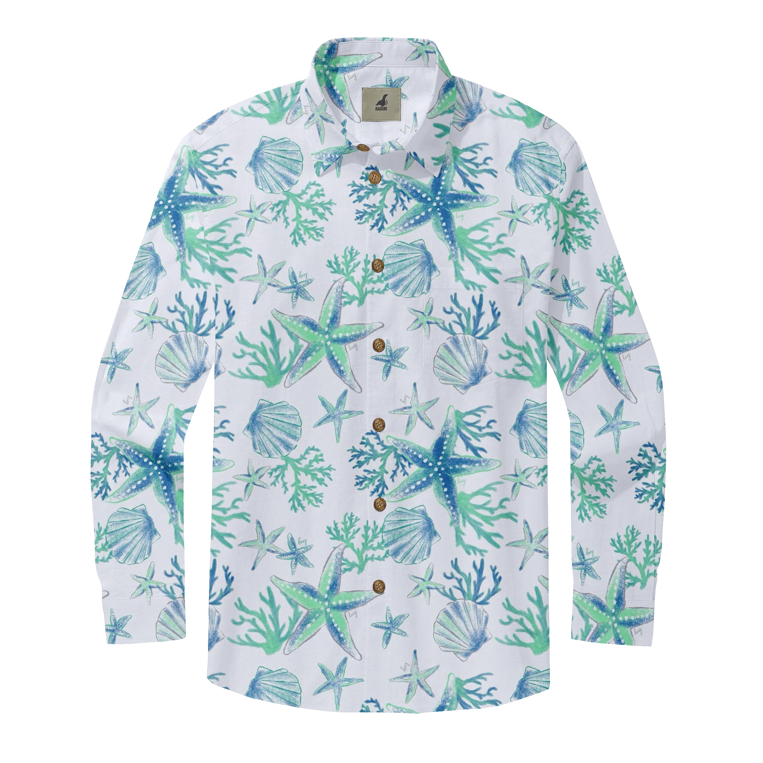 White long-sleeve shirt with blue and green sea-themed print.
