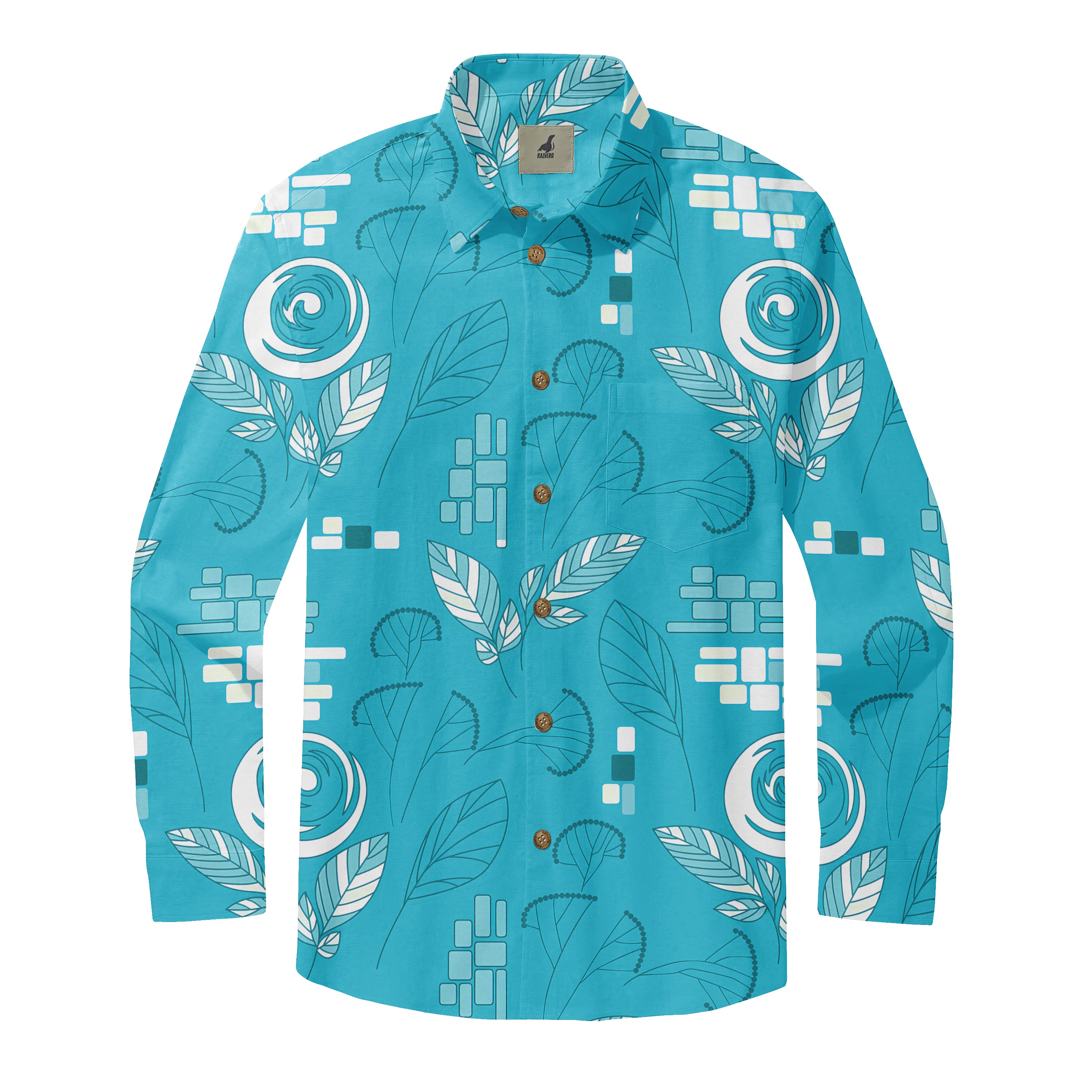 Blue shirt with white swirls, leaves, and geometric patterns.