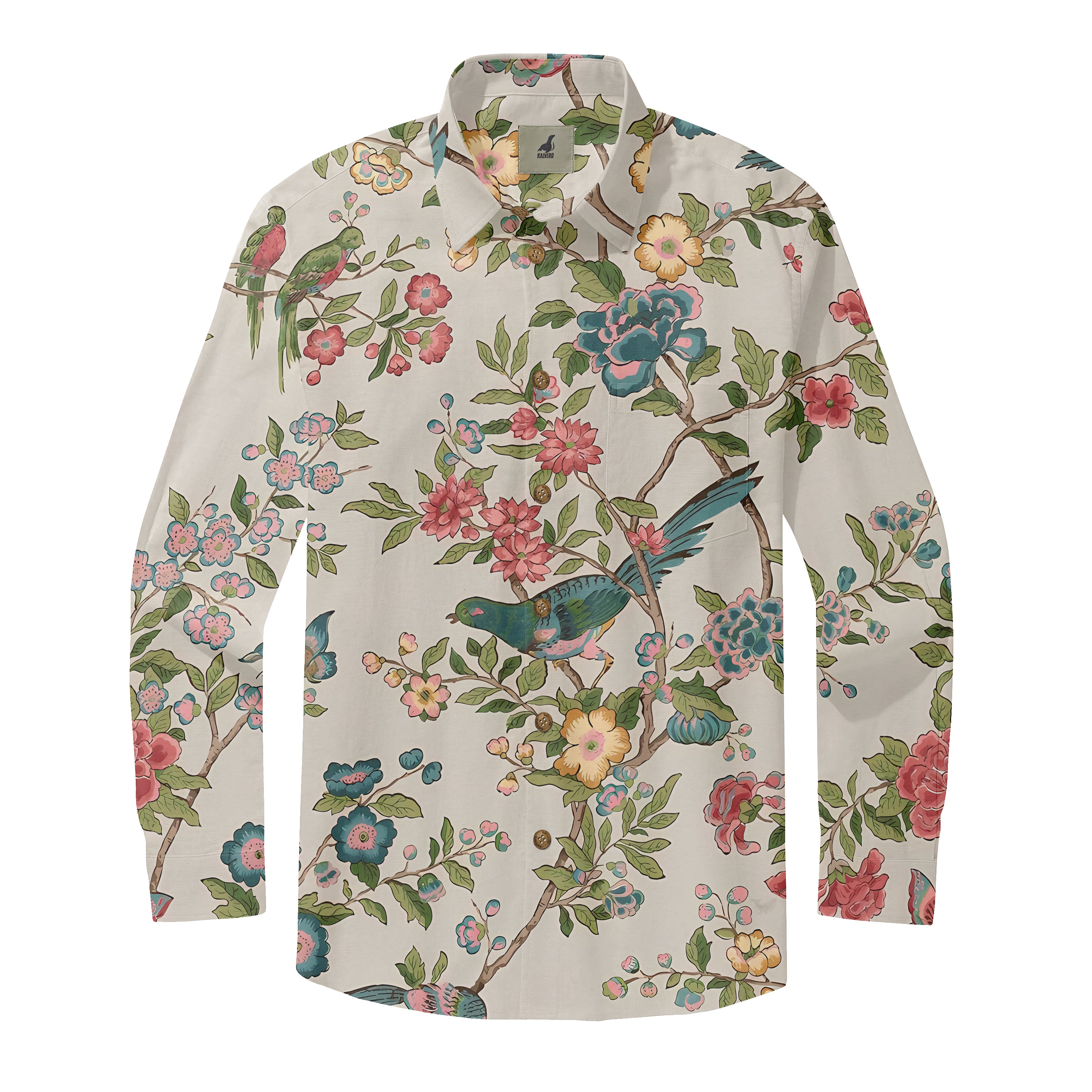 Beige shirt with colorful floral and bird pattern.