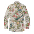 Beige shirt with colorful floral and bird pattern.