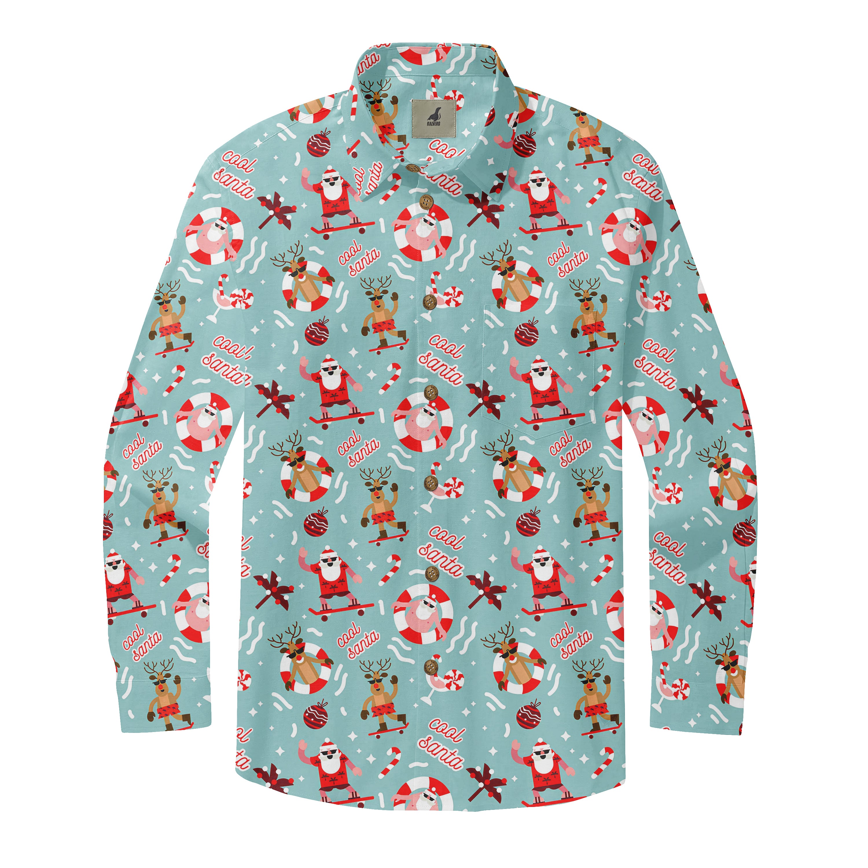 Light blue Christmas shirt with Santa, reindeer, and "cool santa".